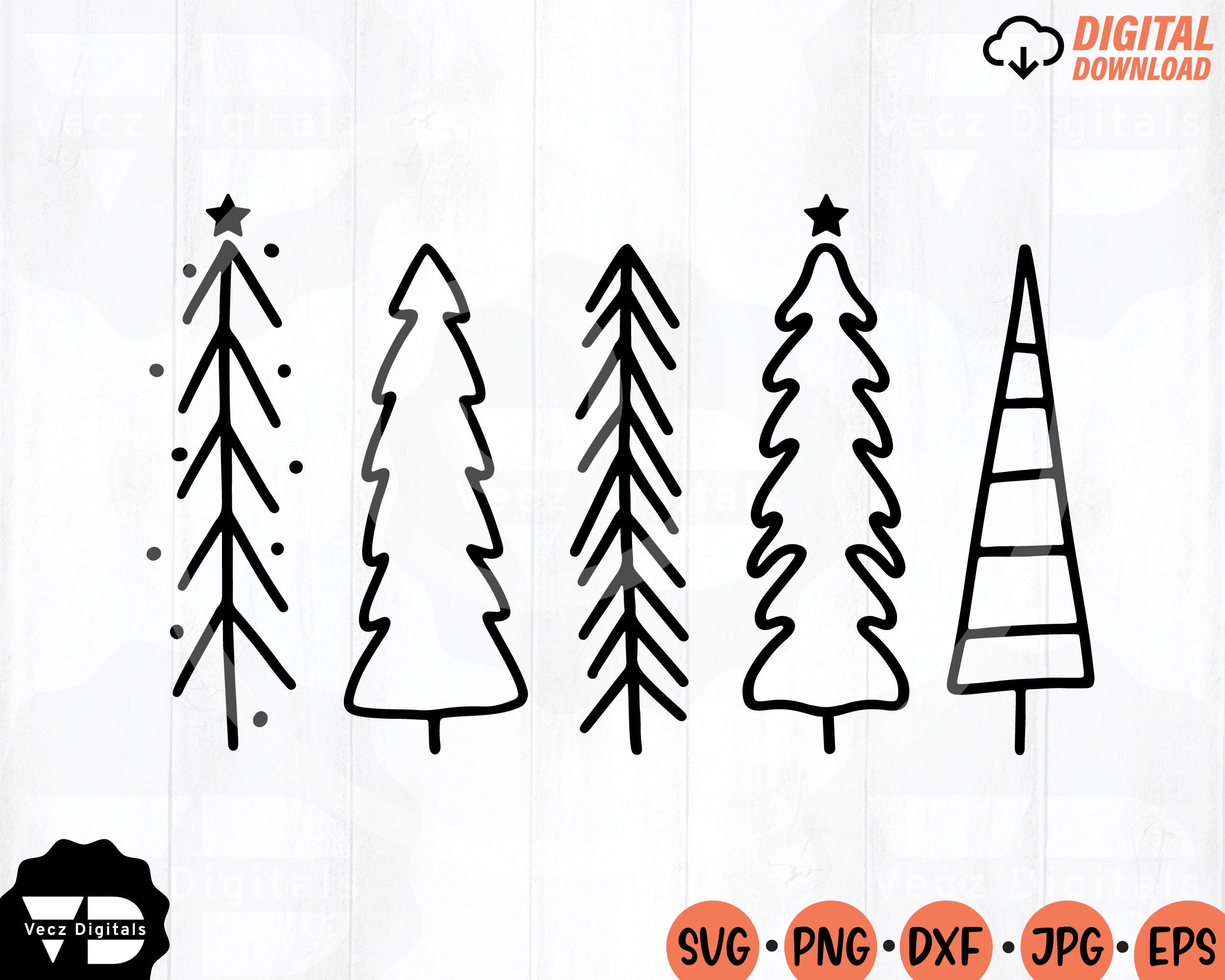 Christmas Tree Outline SVG Bundle, Christmas Tree Tall Clip Art, Hand Drawn Christmas Trees Svg, Minimalist Christmas Tree Svg, Pine Tree