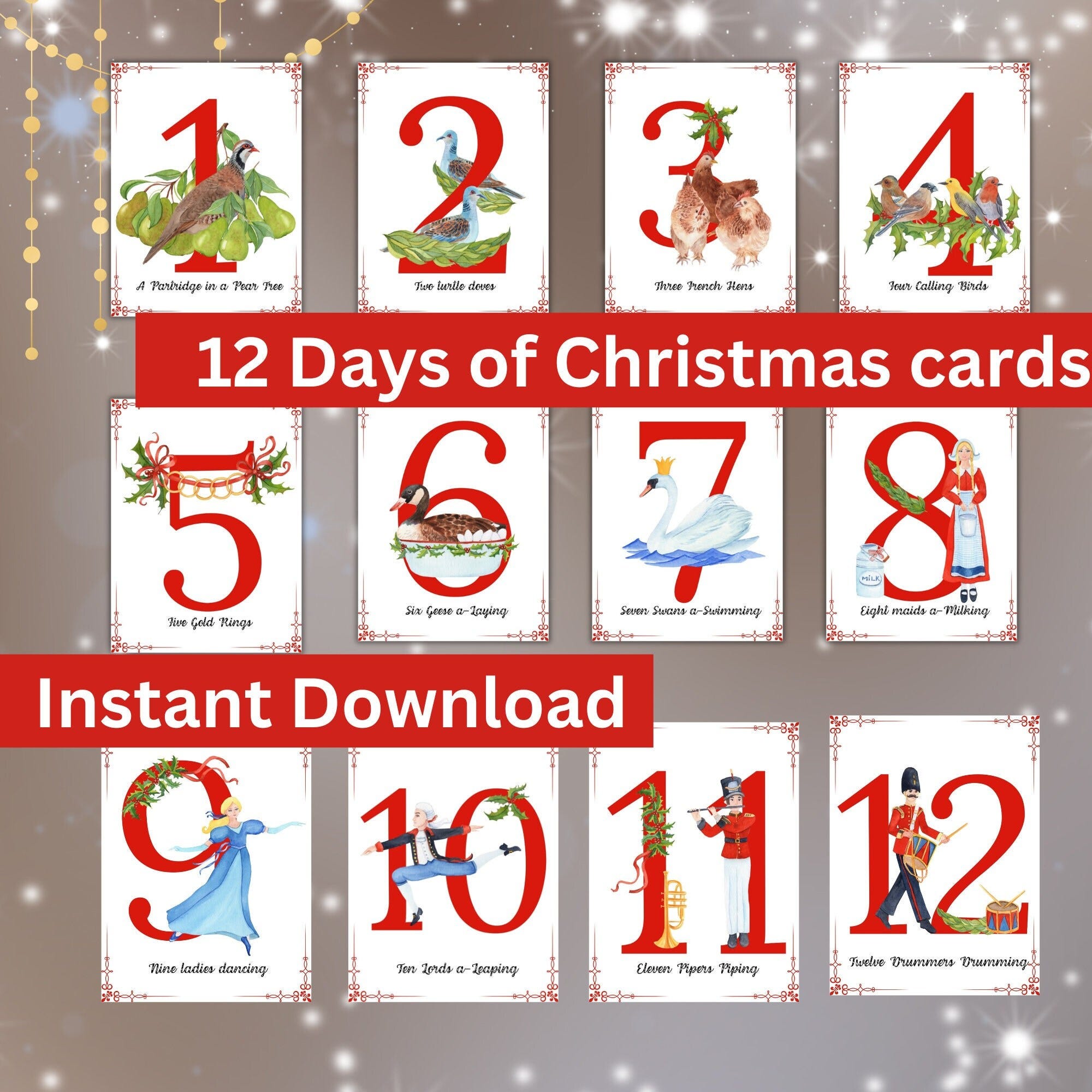 12 Days of Christmas Cards, Holiday Greeting Cards, Twelve Days of Christmas Greeting Cards