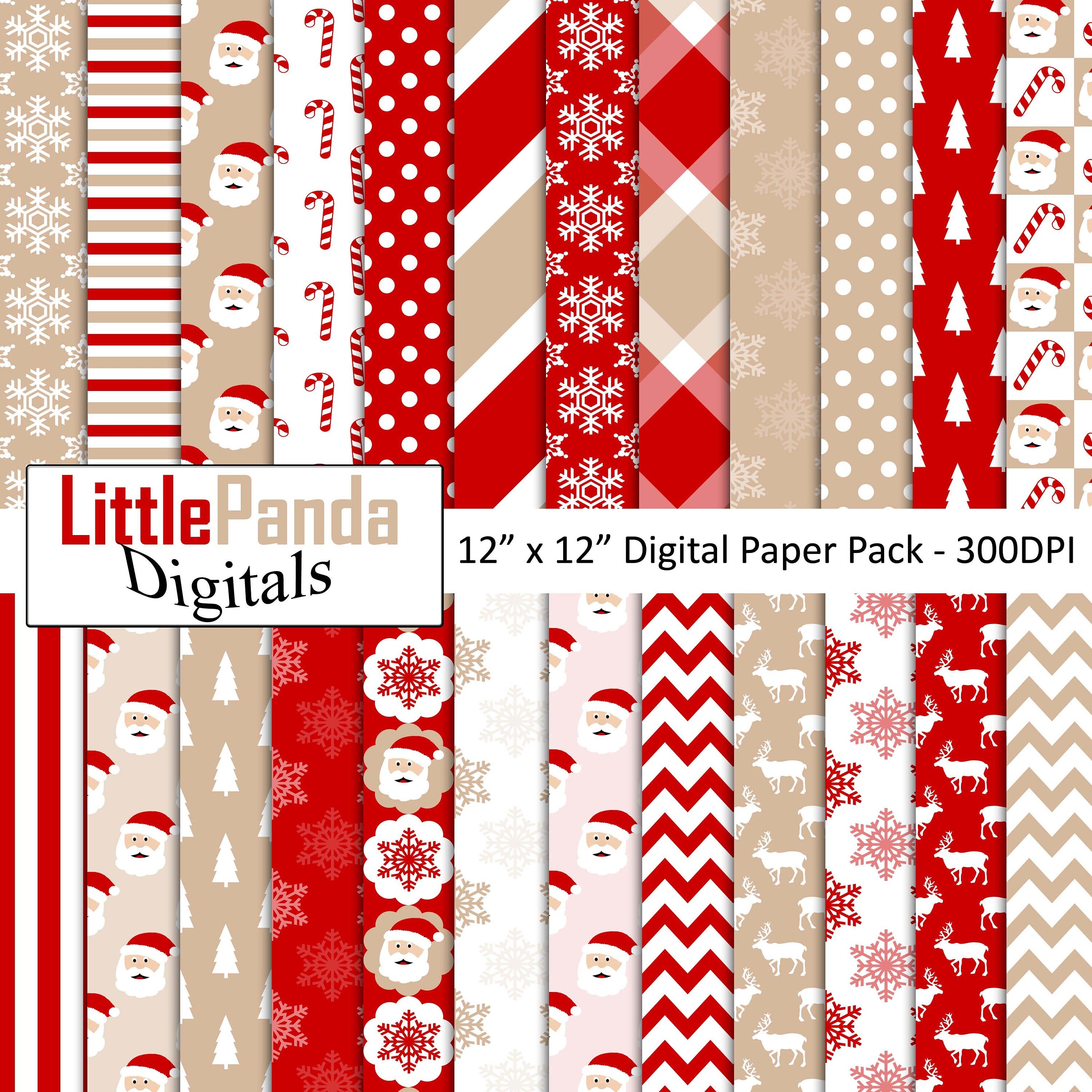 Santa digital paper, snowflake, plaid, winter, candy cane, christmas, traditional, holiday backgrounds,scrapbook papers - D496