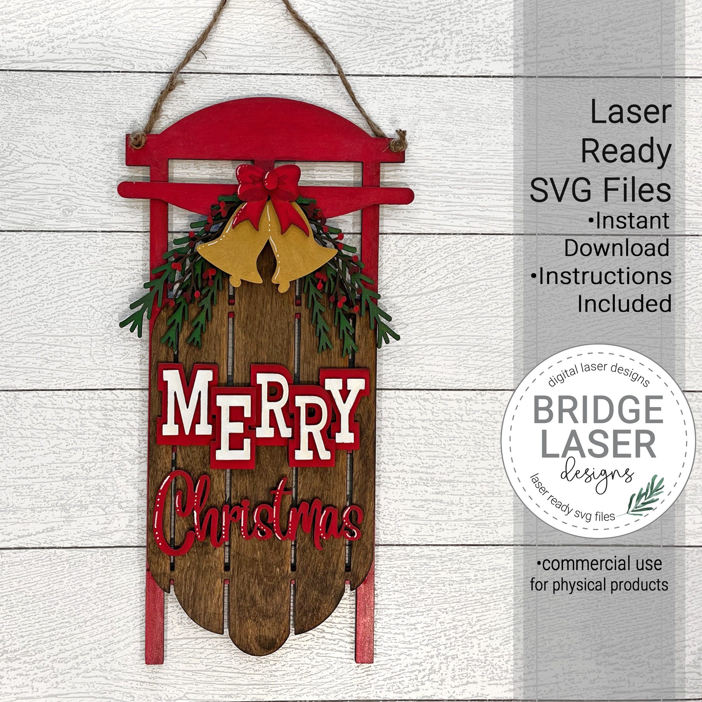 Sled Door Hanger, Merry Christmas Sled, Door Decorations, Laser Cut File, Door Hanger SVG, Christmas Sled Glowforge Laser Design SVG