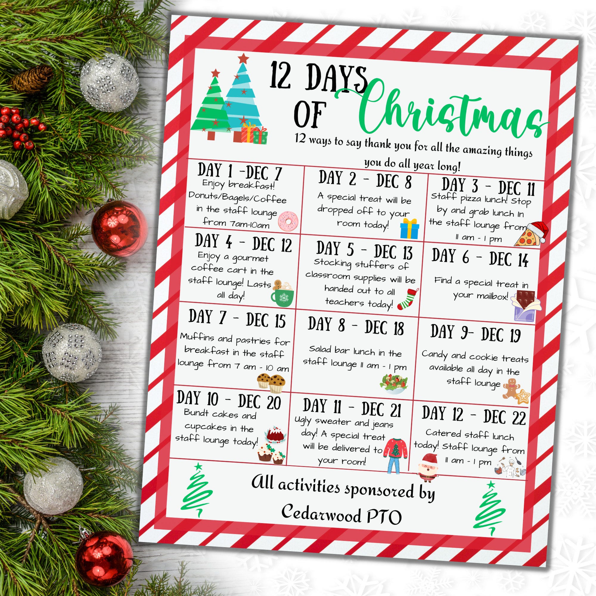 Editable Christmas Holiday appreciation flyer, Teacher 12 days of Christmas, School PTO PTA, Christmas daily events itinerary