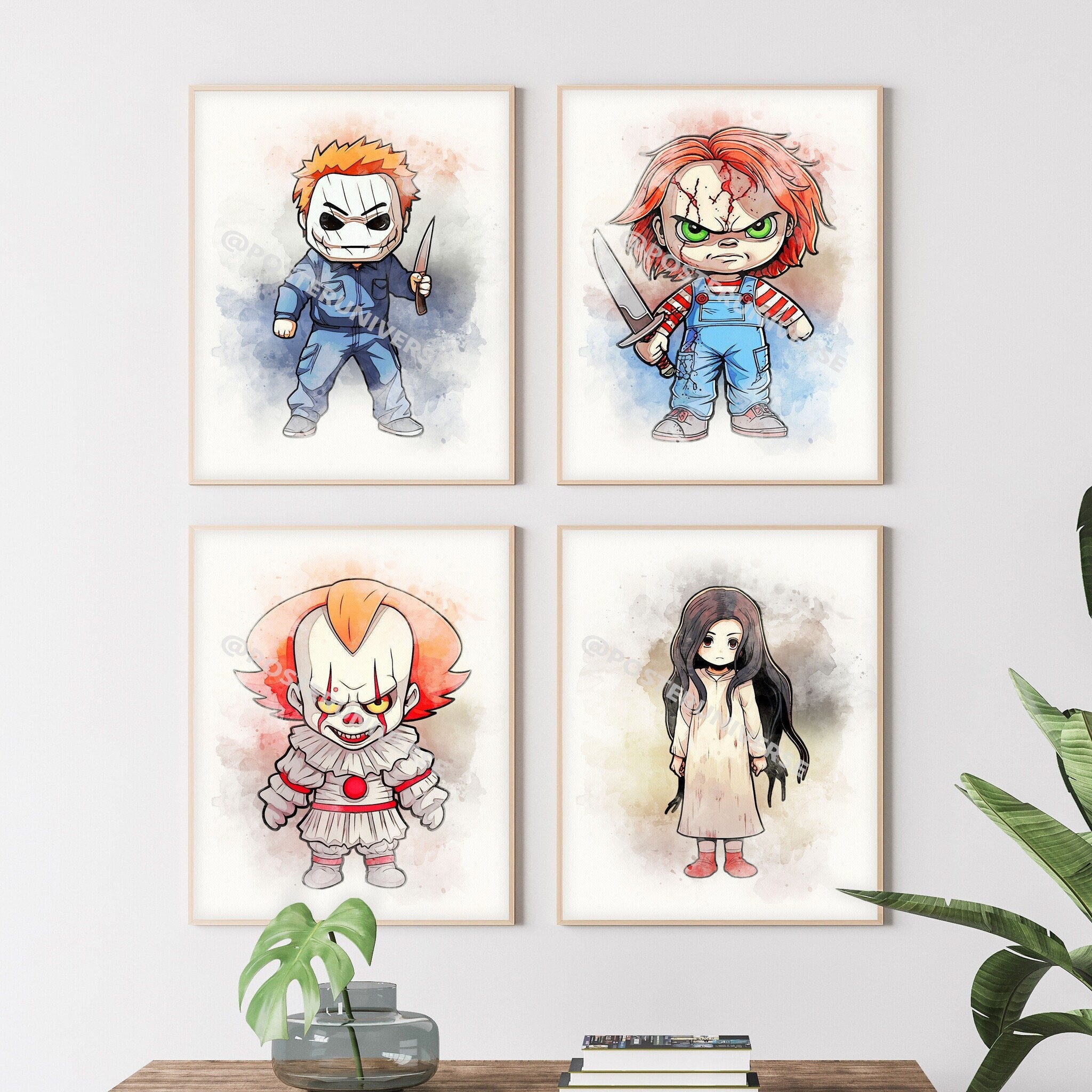 Popular Horror Movies Characters - Horror Gifts, Horror Movie Wall Art, Printable Poster Set, Watercolor Painting, Chucky, Michael Myers
