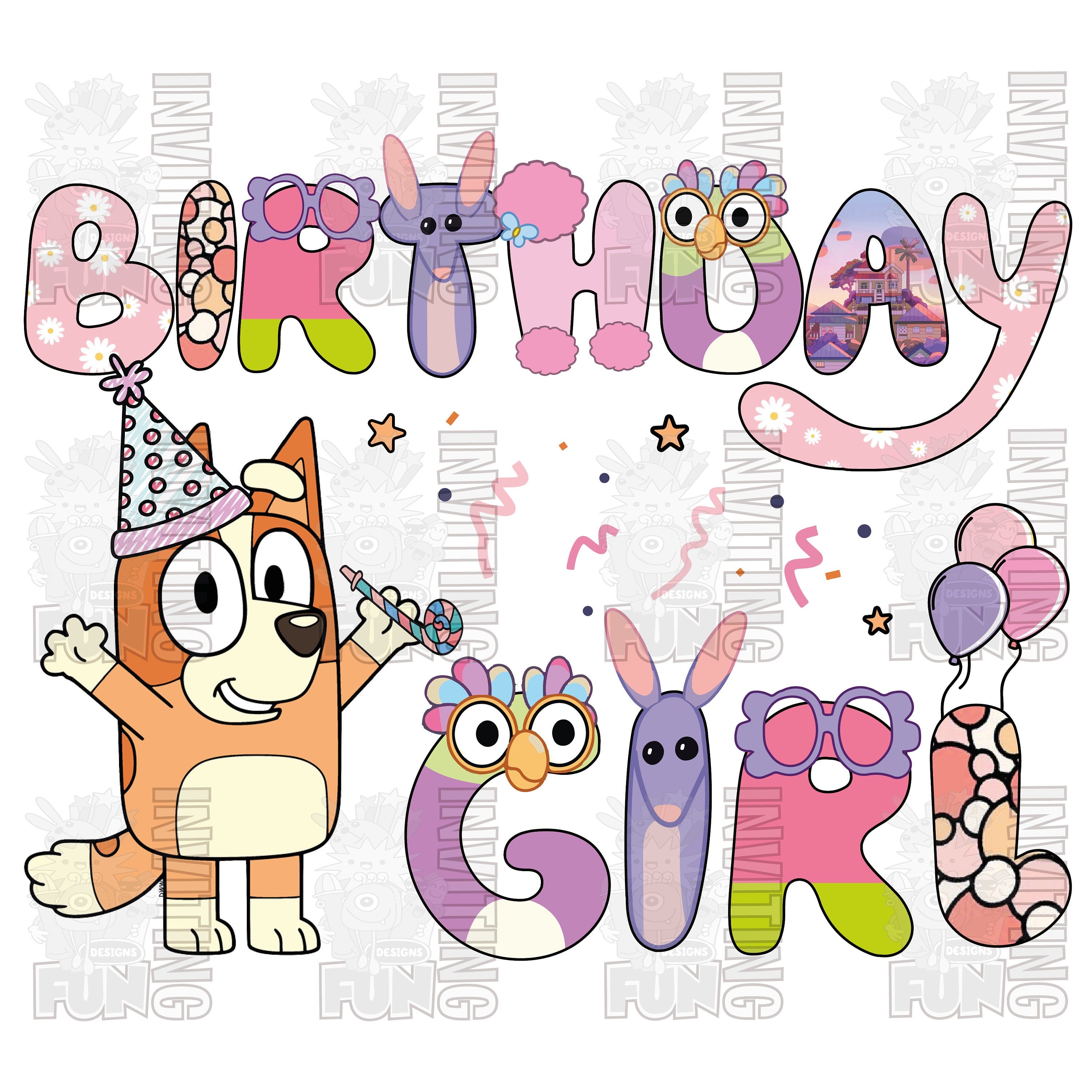 Birthday Girl Pink Dog Clipart Elements, Letters Set, Blue Dog Sublimation Party, PNG, Family Matching Shirt
