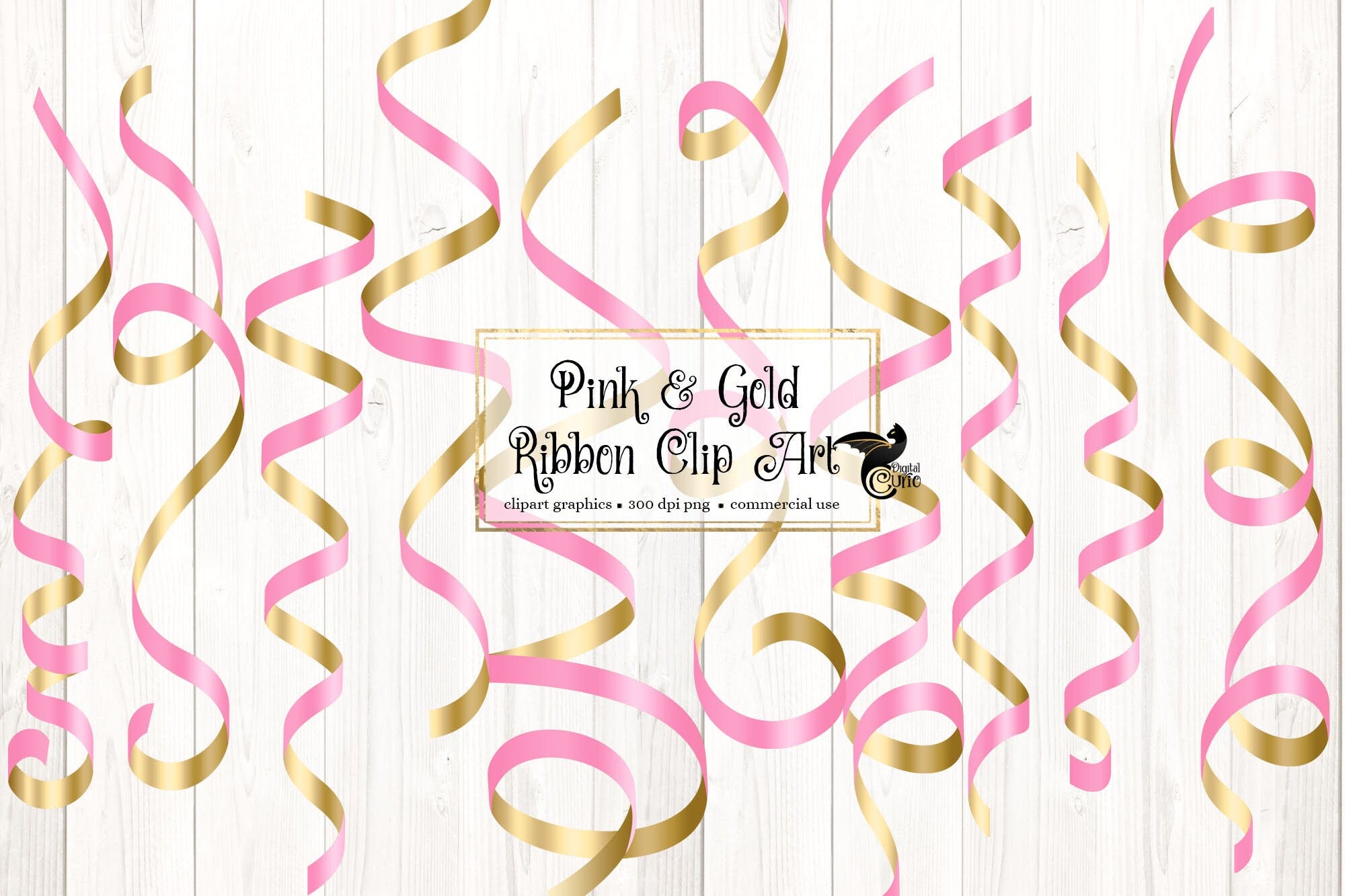 Pink and Gold Ribbon Clip Art - curling ribbons in png format instant download for commercial use