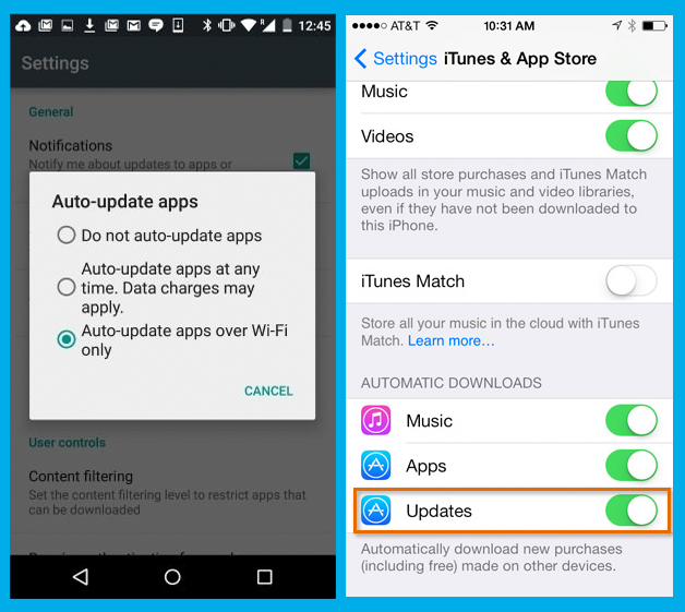 Settings: Automatic update apps on Android and iPhone