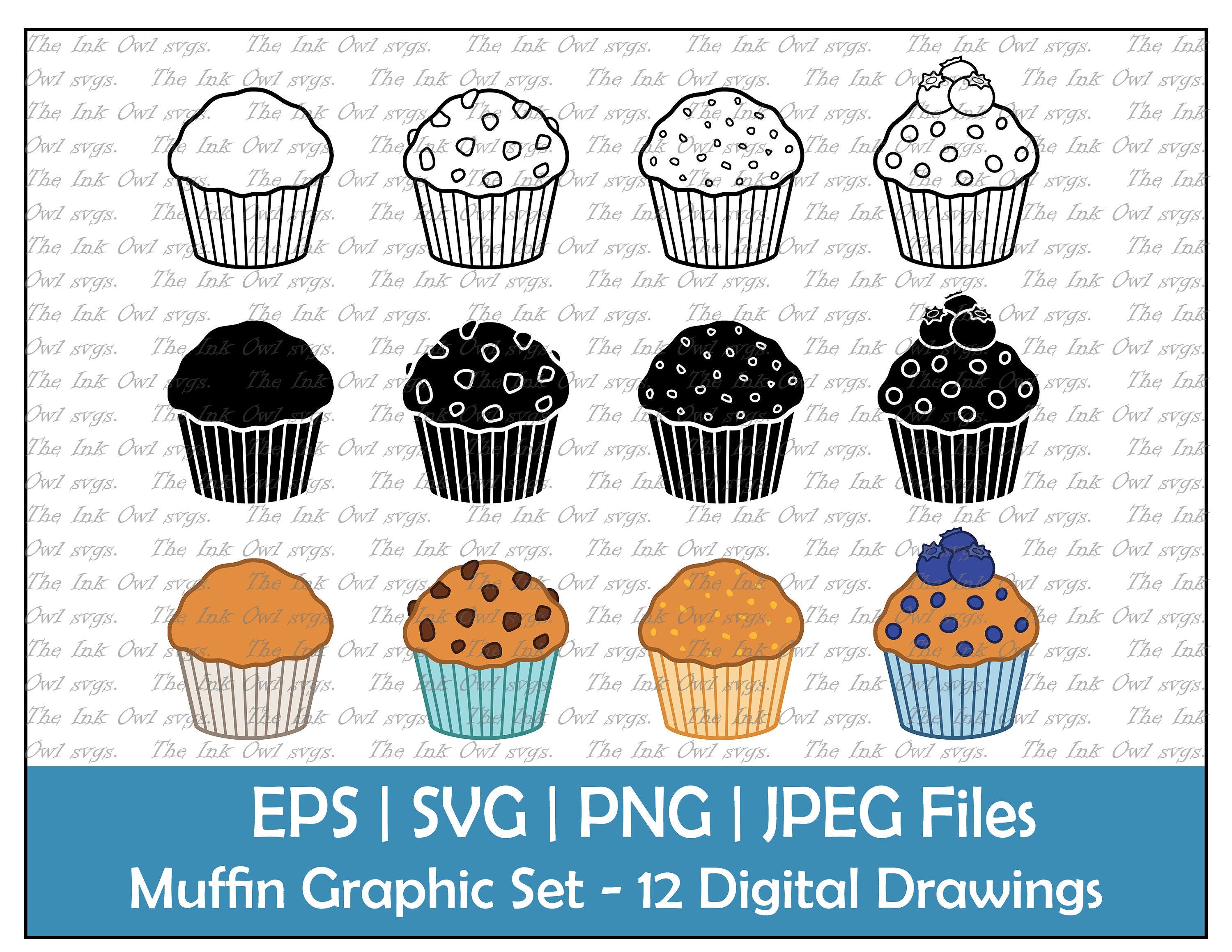 Muffins Vector Clipart Set / Outline, Stamp & Color Graphics / Plain, Carrot - Bran, Chocolate Chip, and Blueberry / PNG, JPG, SVG, Eps