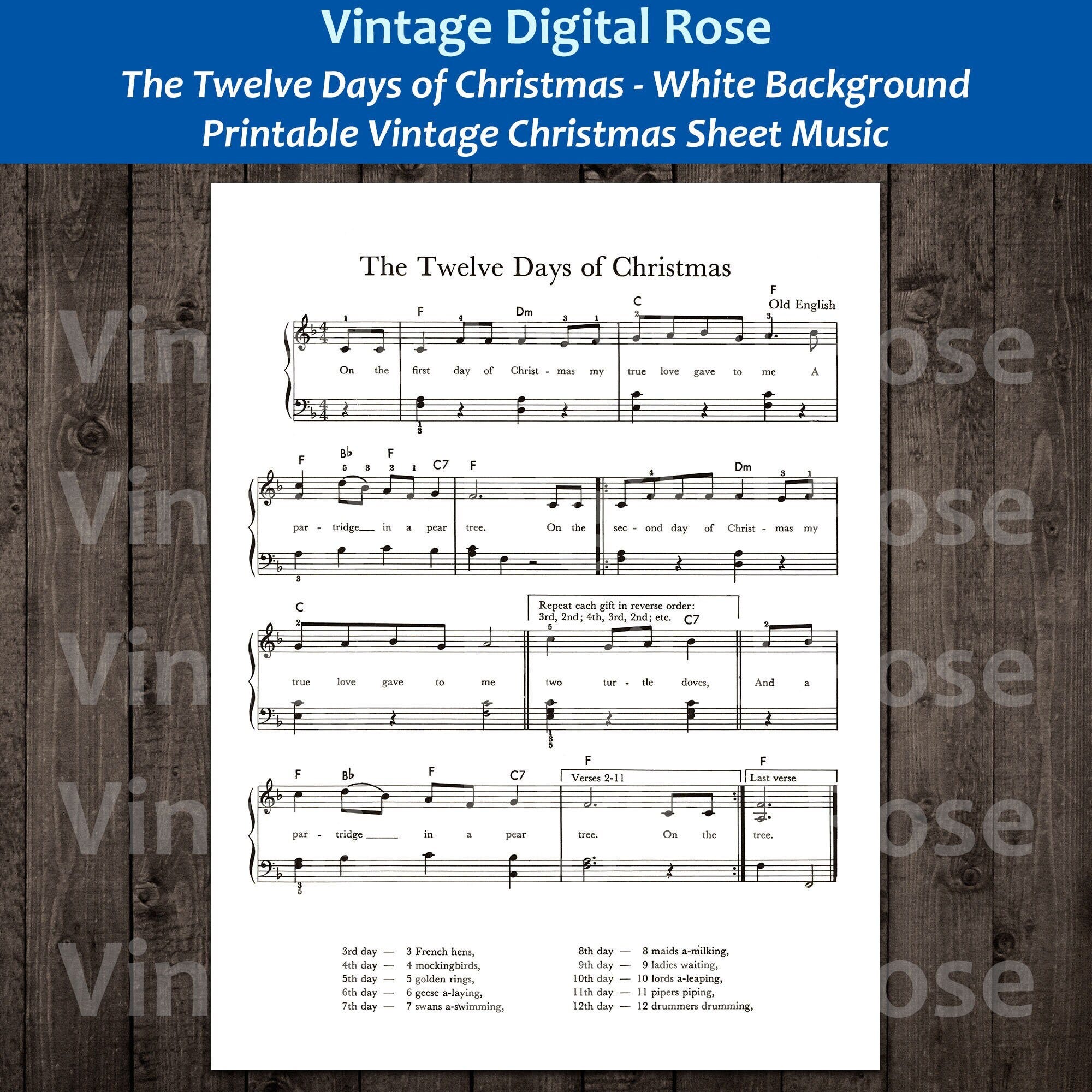 The Twelve Days of Christmas White Background Printable Vintage Christmas Hymn Carol Sheet Music