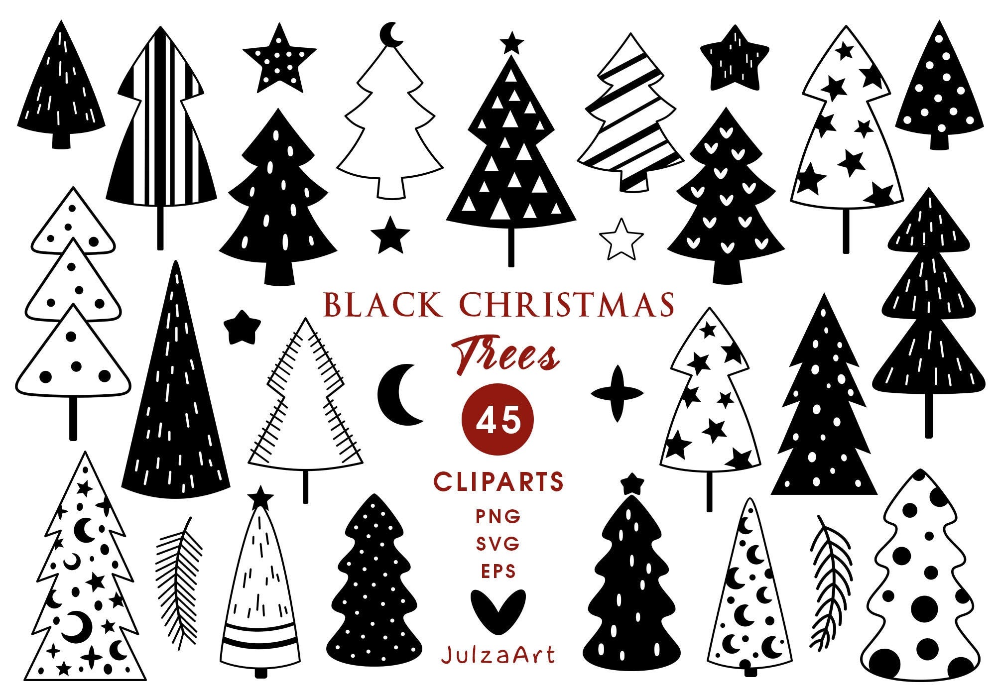 Christmas tree clipart, Black christmas trees svg, Scandinavian New year trees png, Happy holiday print, Digital download, Commercial use
