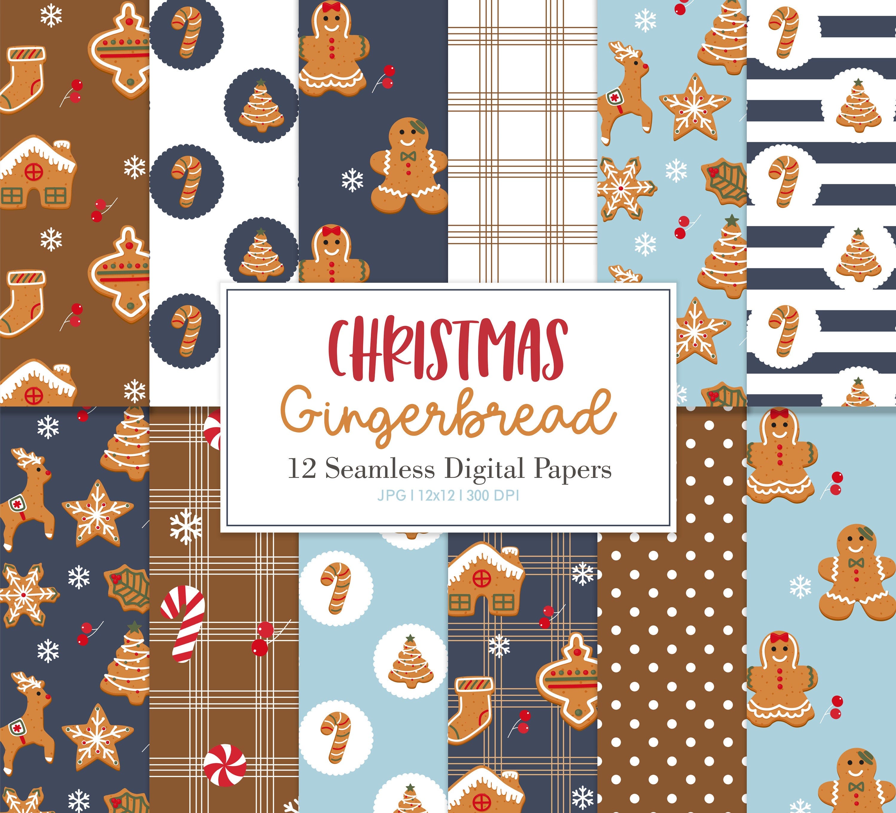 CHRISTMAS GINGERBREAD, Gingerbread Cookies, Blue Brown, Seamless Repeat Pattern, Backgrounds, Printable Digital Paper