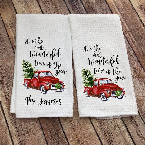 Red Truck Christmas Dish Towel - Christmas Kitchen Towel - Cursive Name -  Personalized Christmas Tea Towel - Holiday Decor - CURSIVE NAME