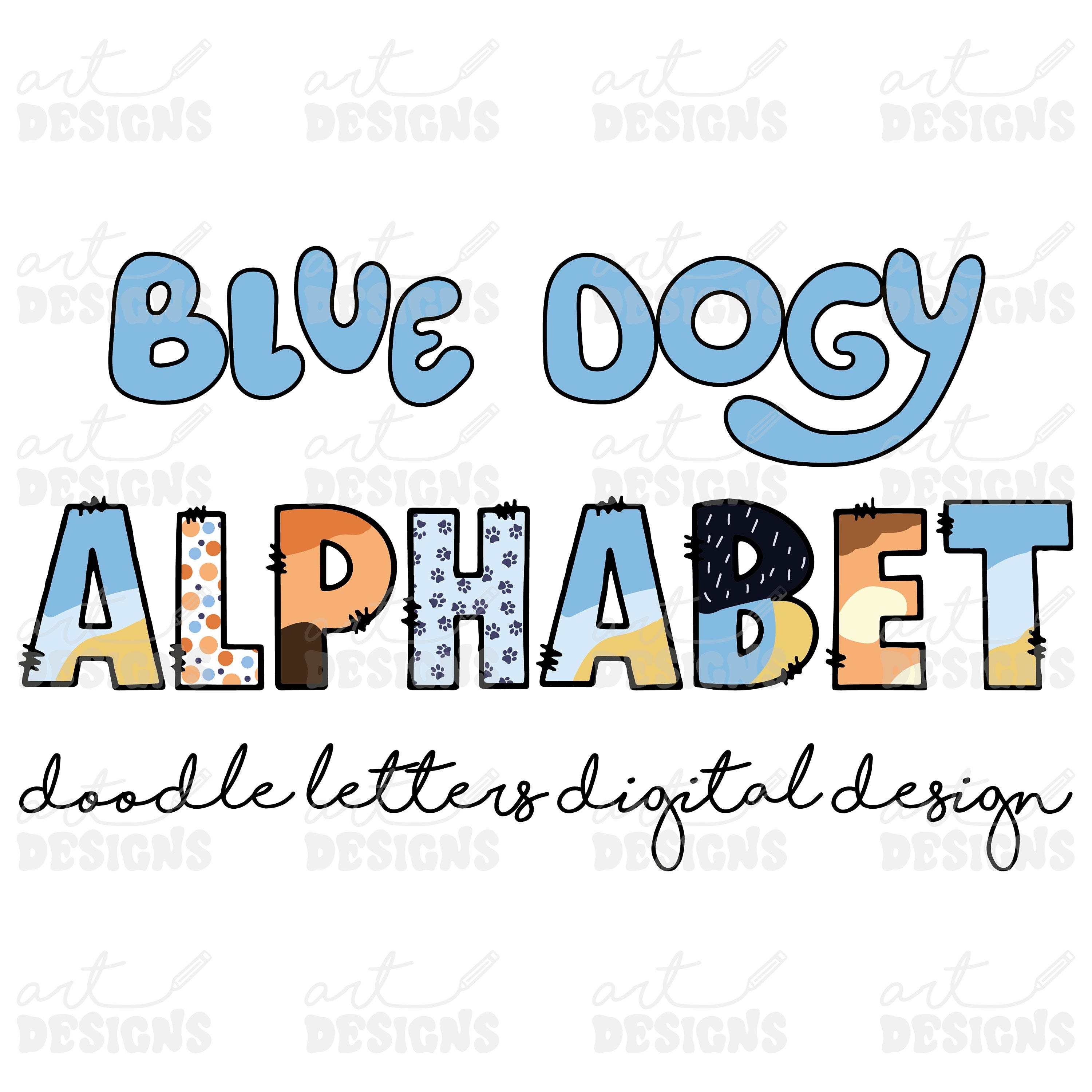 Blue Dog Mixed Designs Doodle Letters + Clipart Elements,  Uppercase Alphabet Set, Blue Red Dog Sublimation Letters,  PNG