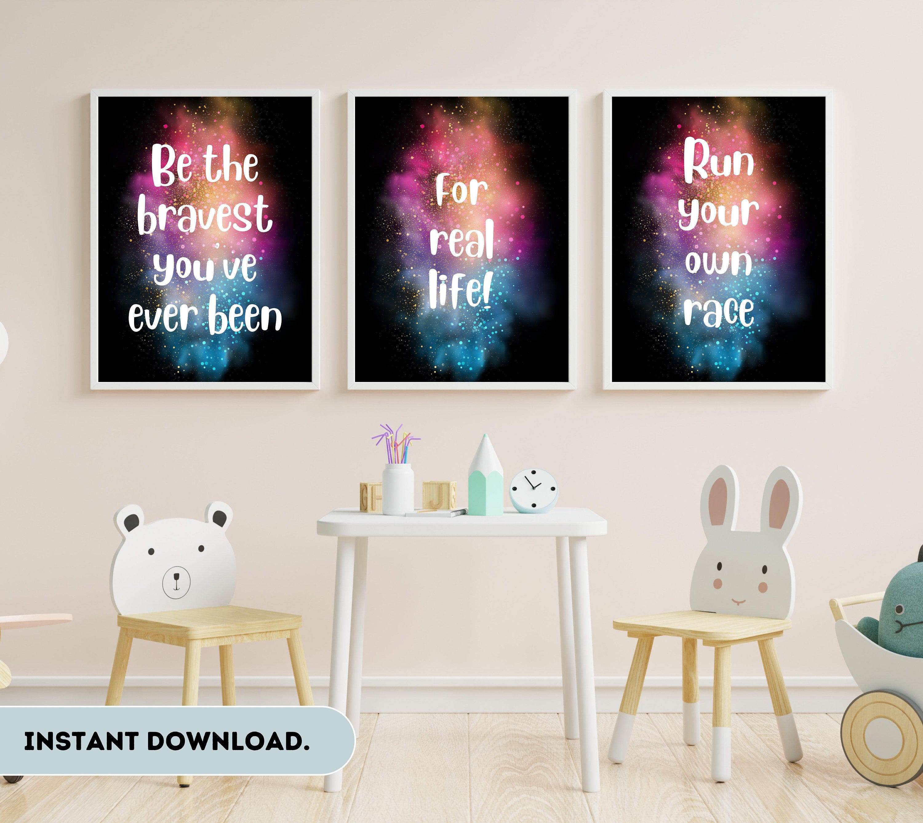 Bluey 3x Quotes on sleepytime background - For Real Life, Run your own race, Bravest you