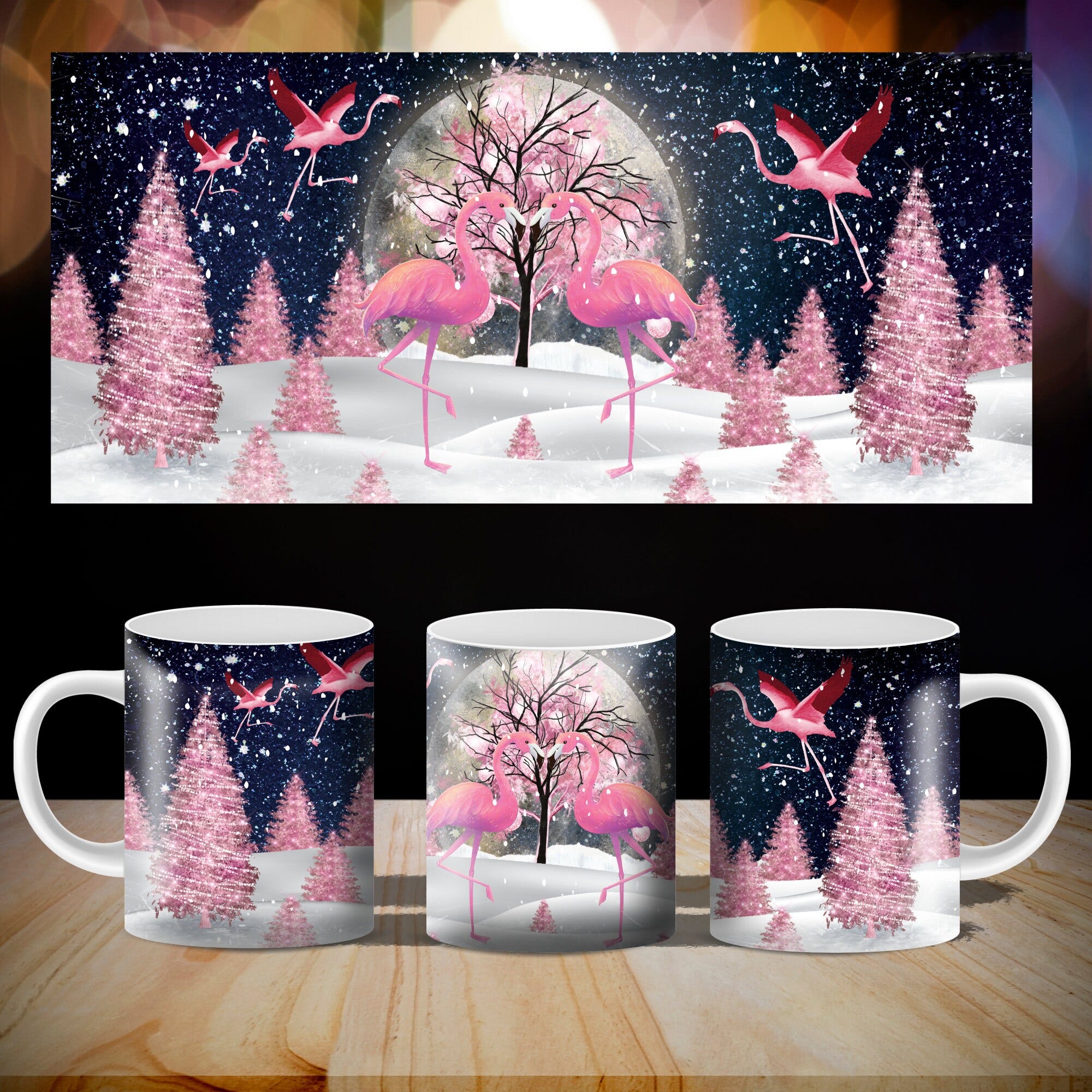 Flamingo Mug Sublimation Design Coffee Mug 11oz With Flamingo Pink Christmas Tree for press and shrink full wrap Mug PNG File Download