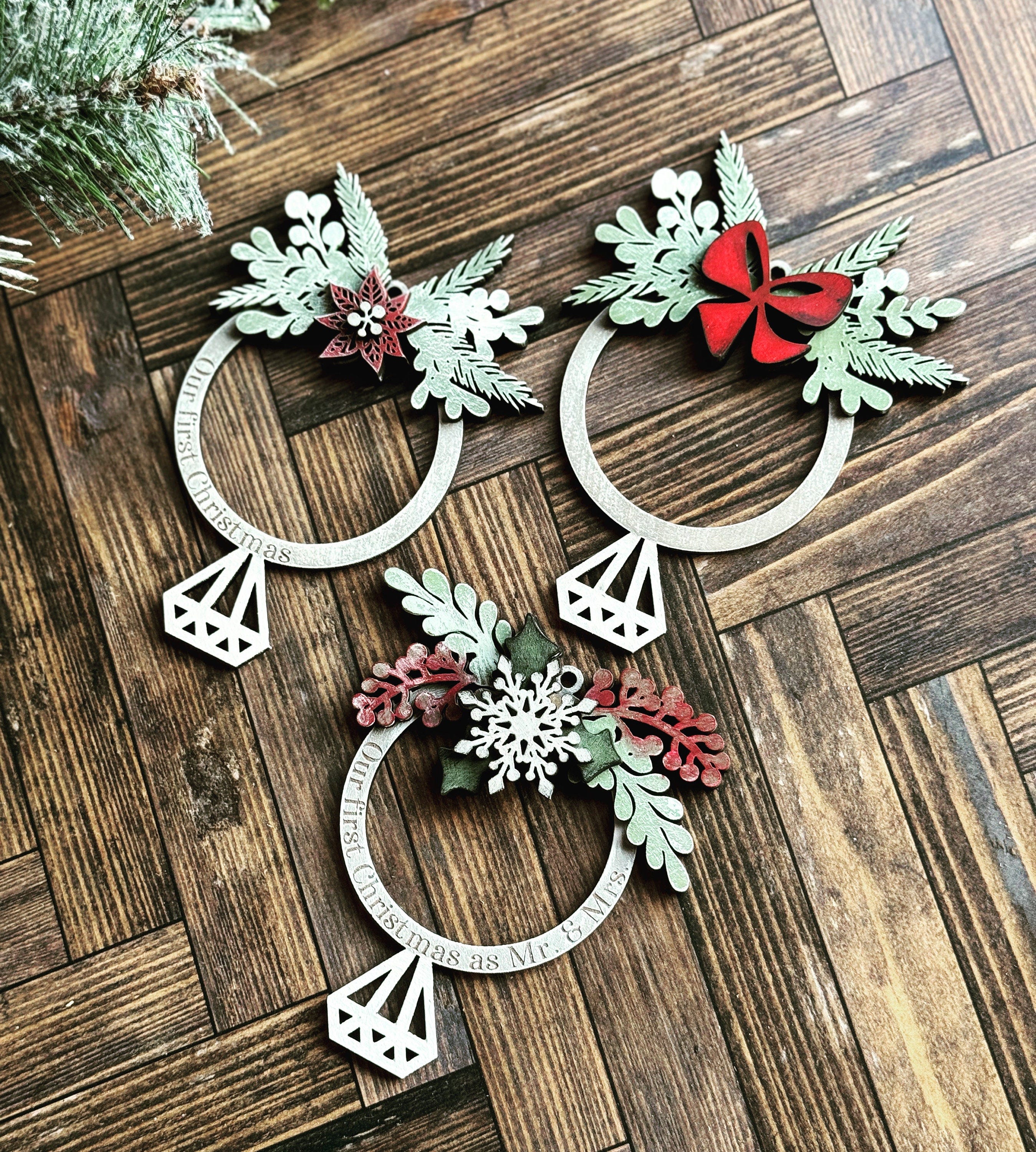 Mistletoe and Holly Diamond Ring Ornament Set of 3 SVG Digital Download for Glowforge or Laser -Not a Physical Item Read Item Description