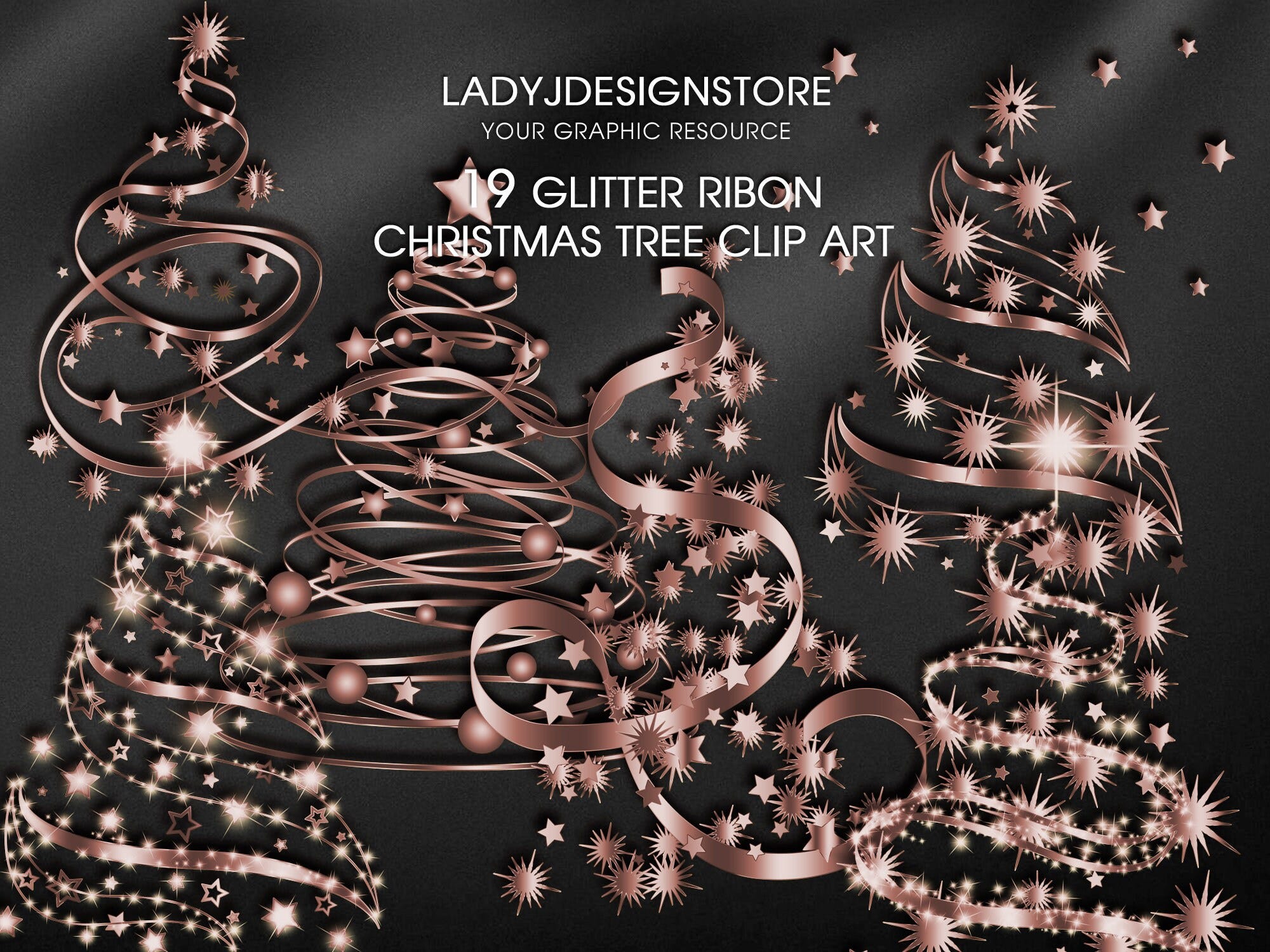 Rosegold Ribbon Sparkle Christmas Tree Clip Art in PNG format, Rosegold Christmas Tree clipart, Christmas digital graphic, Canva Clipart
