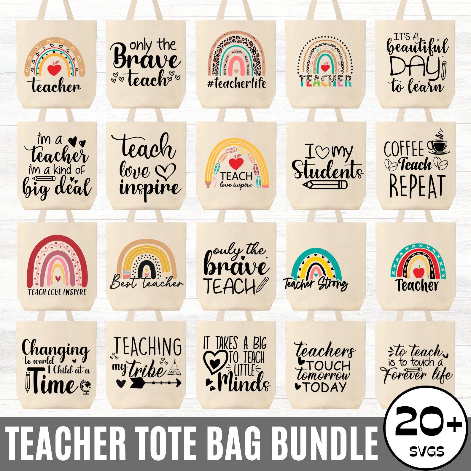 Teacher Tote Bag Svg Bundle, Teachers Quotes svg, Boho Rainbow Teacher Svg, Funny Tote Bag Sayings, Canvas Tote Bag Cut files for cricut