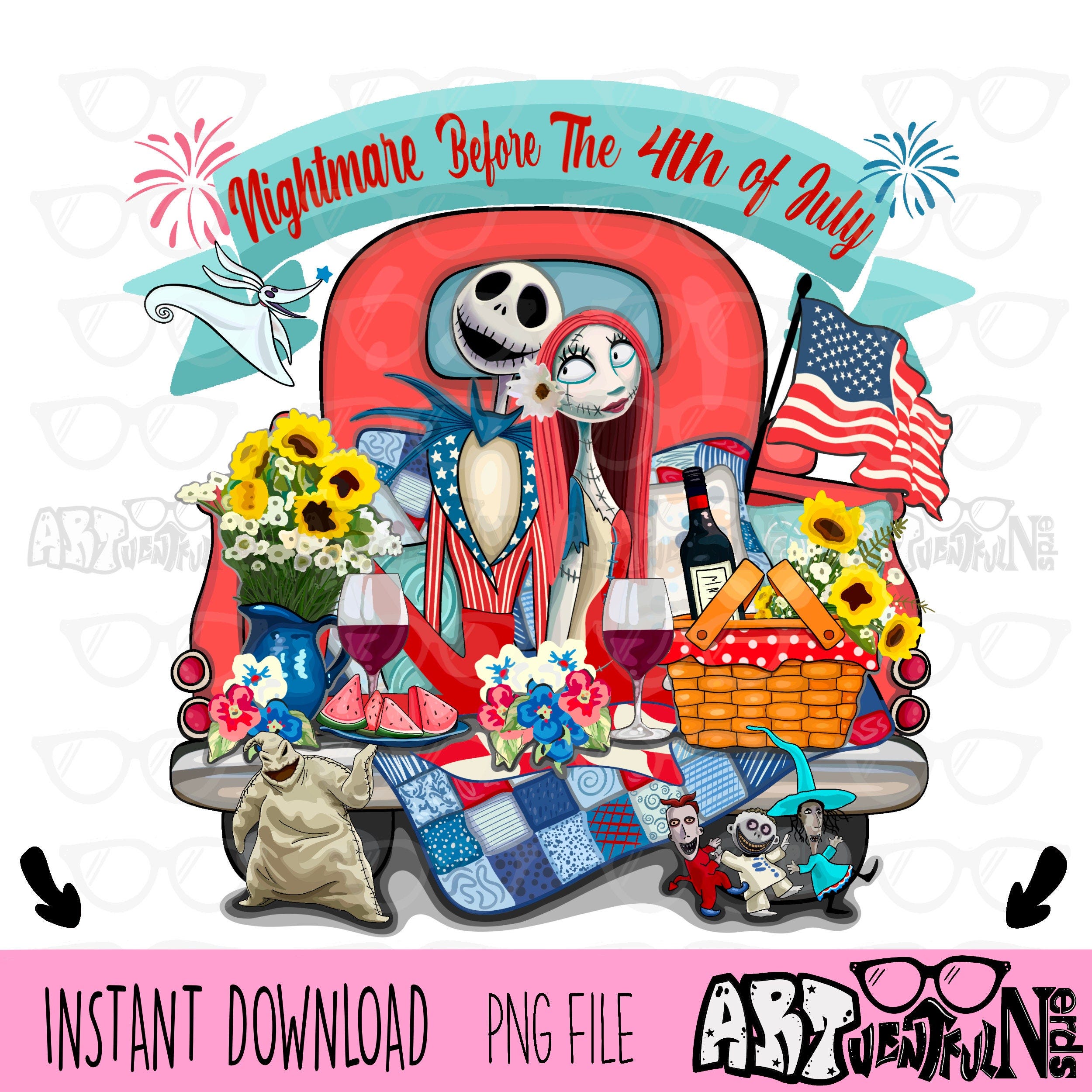 4 Files Nightmare Before The 4th Of July DIGITAL DOWNLOAD sublimation design PNG 300 dpi for shirts mugs transfers aprons tumblers old truck