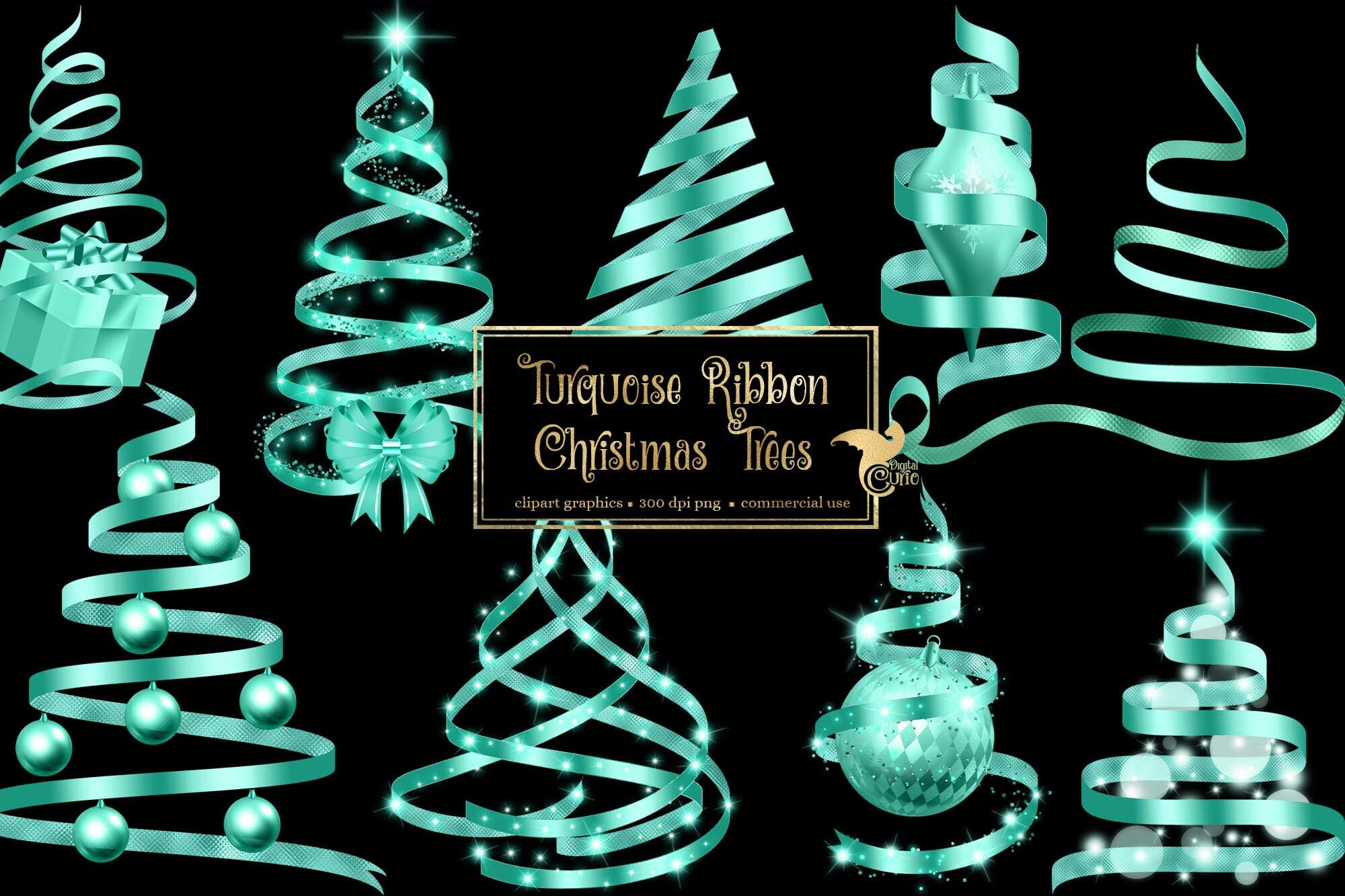 Turquoise Ribbon Christmas Tree Clip Art - digital holiday aqua glitter png graphics for instant download commercial use