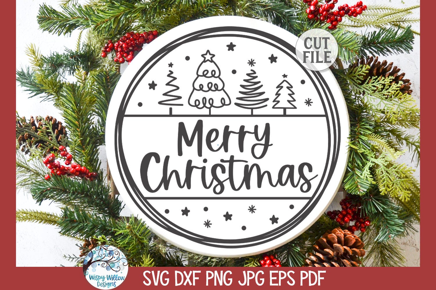 Merry Christmas Round Sign SVG for Cricut, Christmas Tree Round Farmhouse Sign, Winter Holiday Welcome Door Hanger, Vinyl Cut File Download