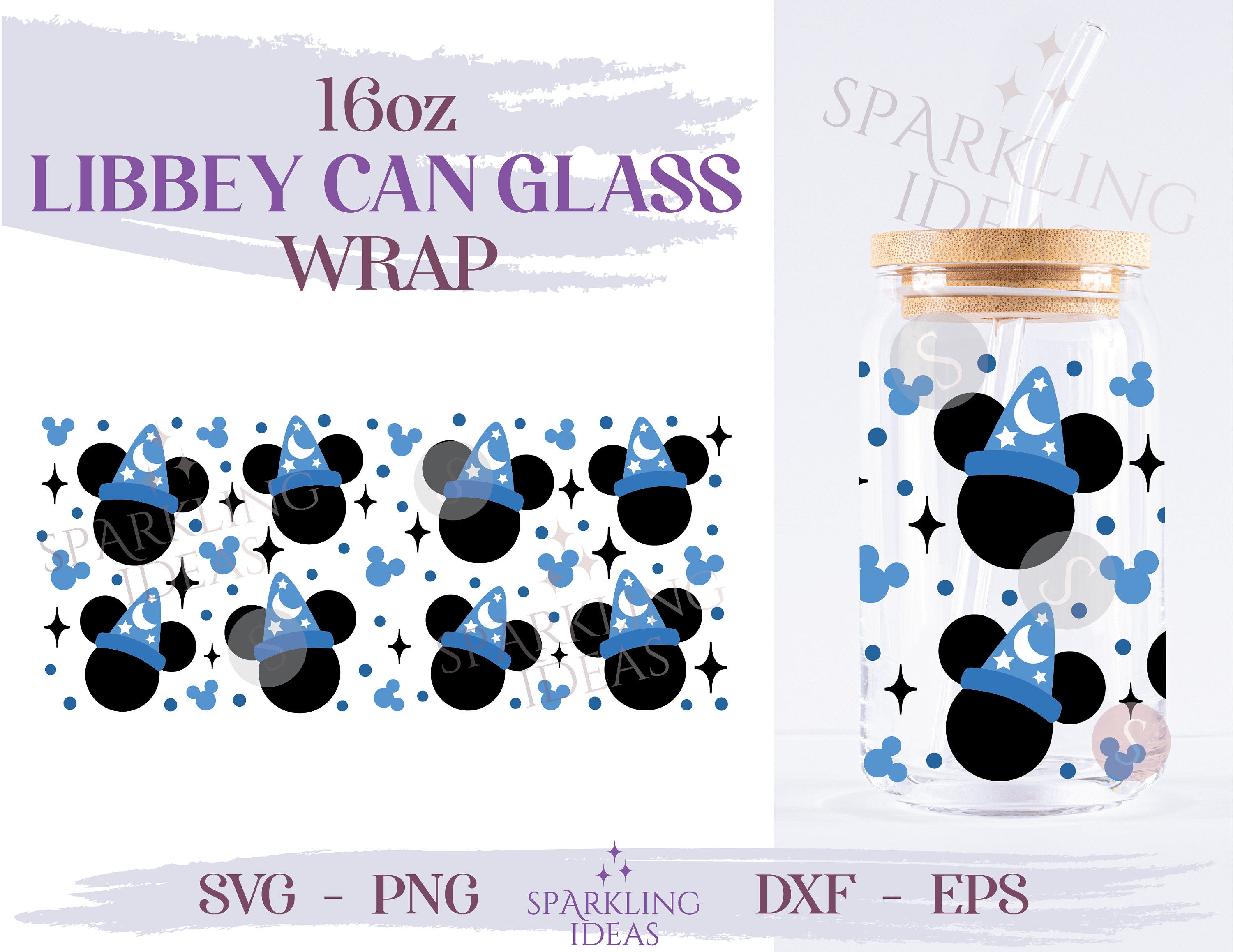 Mouse Sorcerer Ears LIBBEY Can glass wrap SVG 16oz, Mouse Head Libbey Glass Svg, Sorcerer Ears Hat Wrap Svg