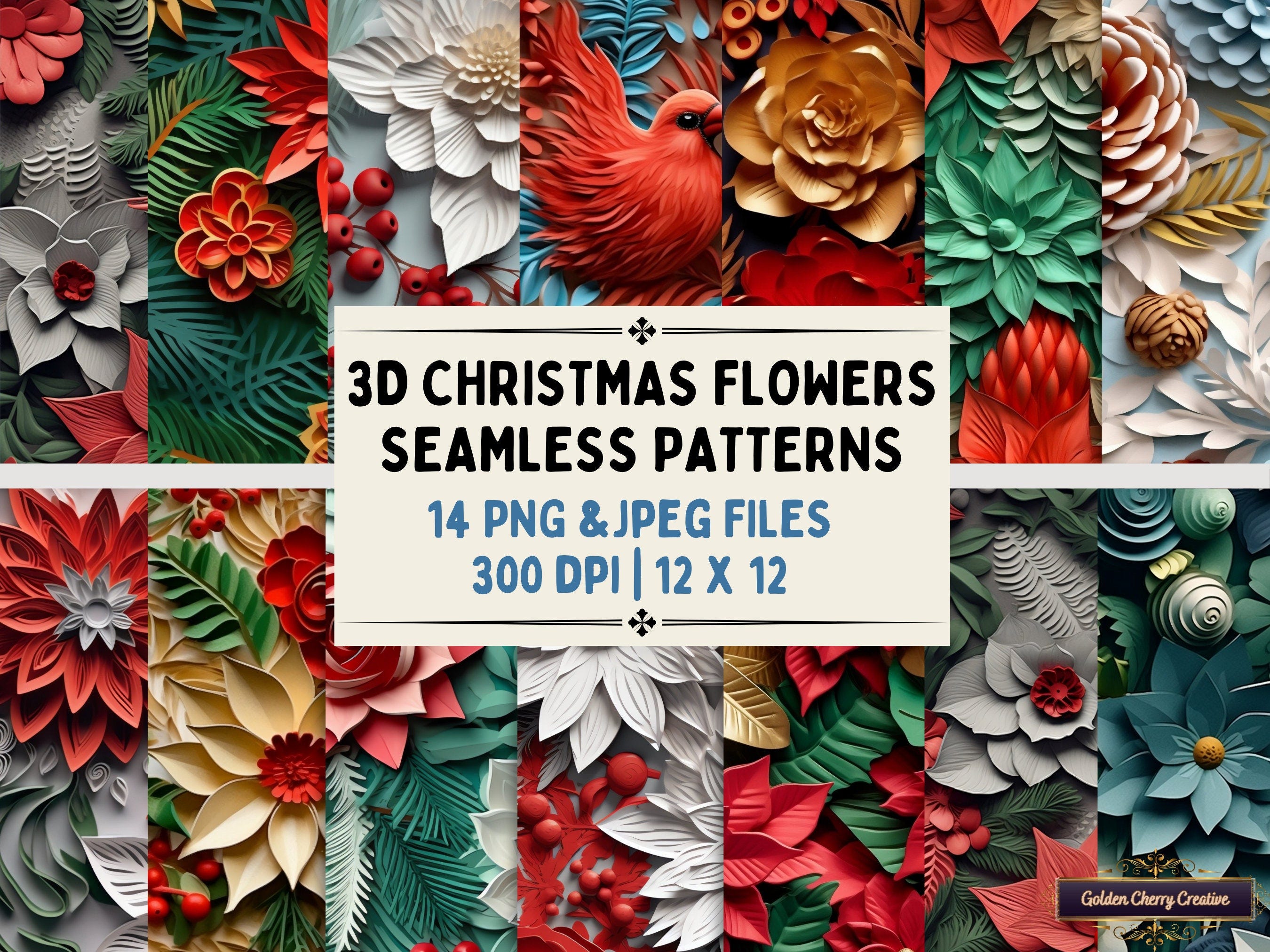 3D Christmas Paper Cut Flowers Seamless Patterns | Winter Digital Paper Set | 14 PNG & JPEG files for backgrounds, scrapbooking, fabrics