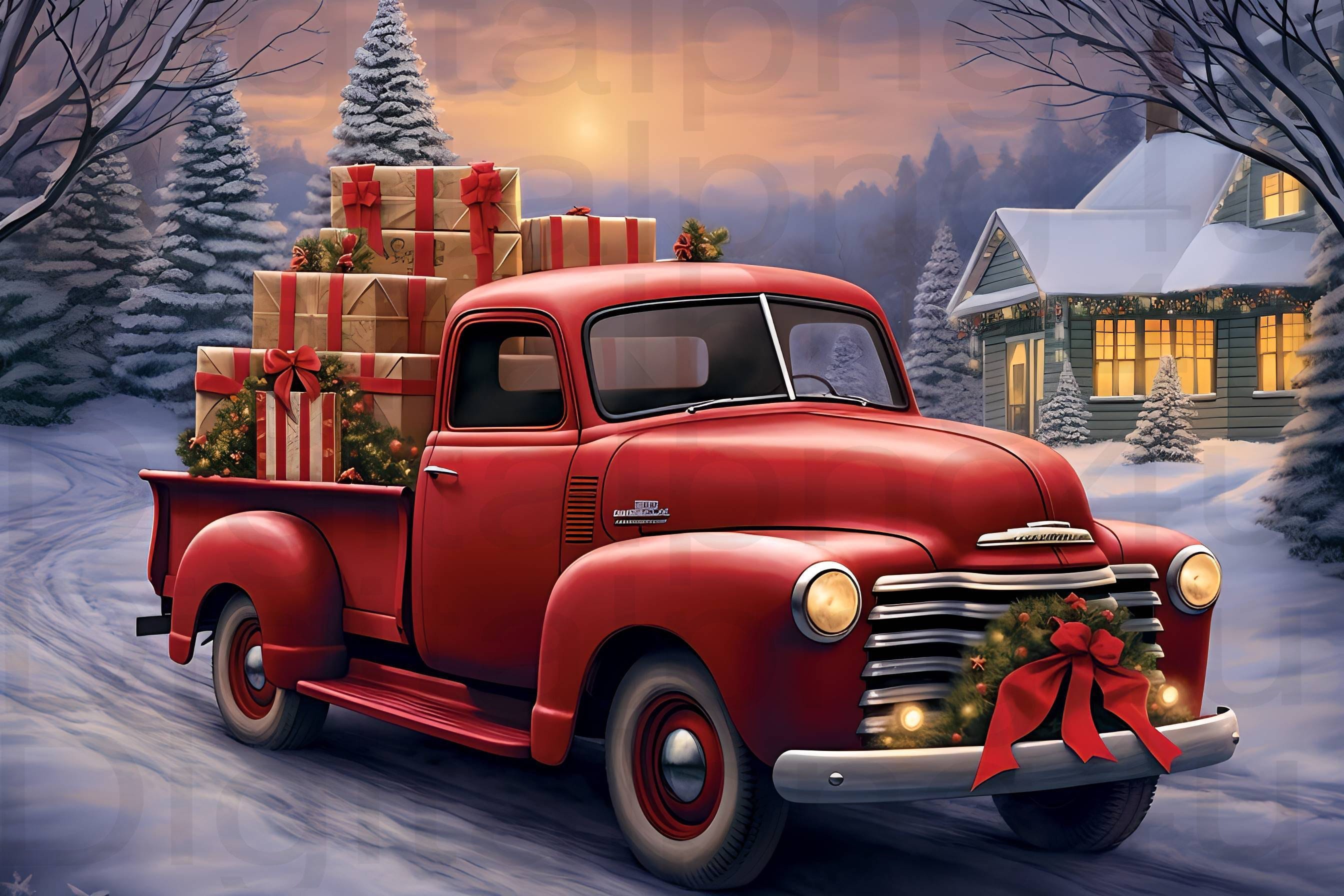 Red truck Christmas scene png sublimation digital design download wreath sign wind spinner cutting board image Christmas ornament png