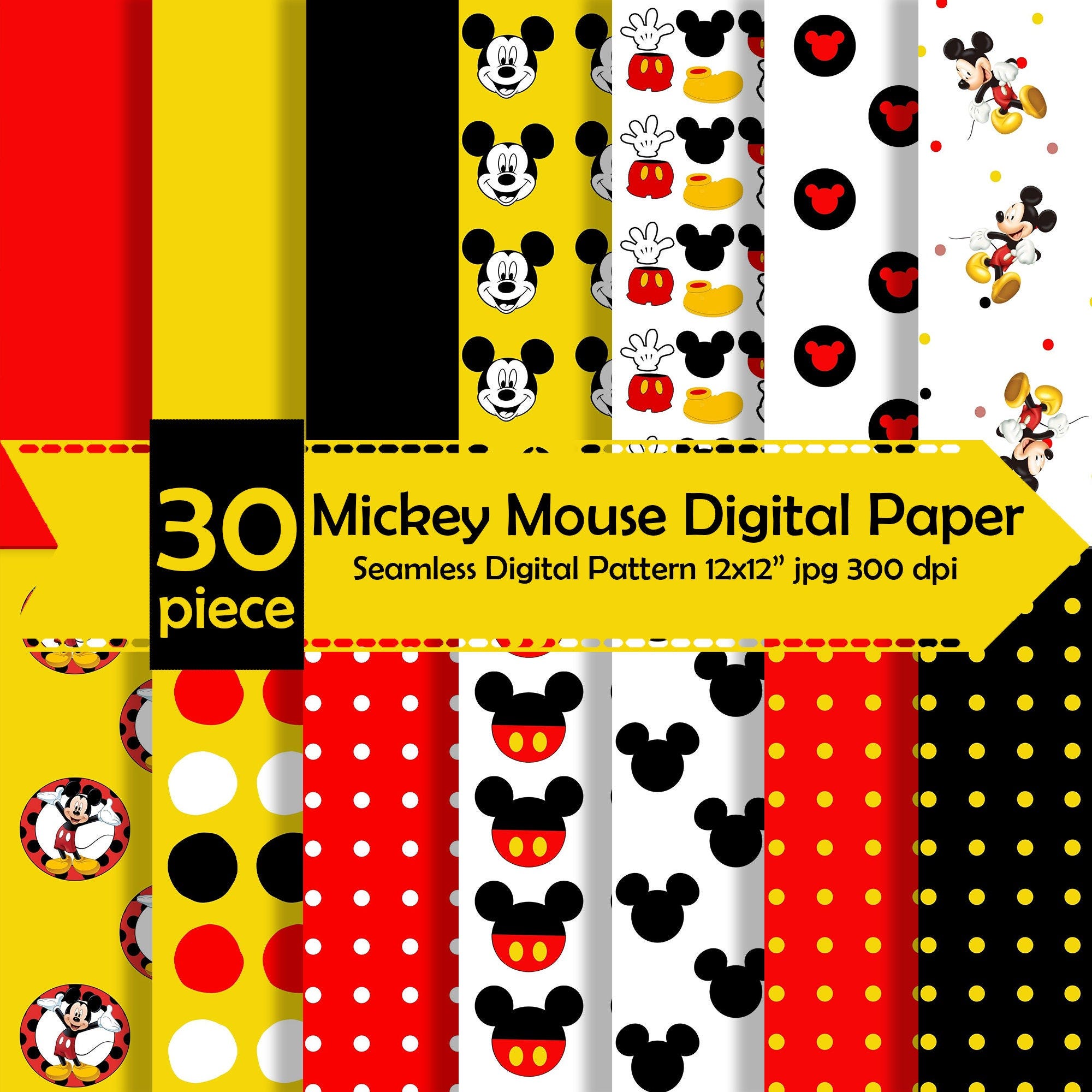 Mickey Mouse Digital Paper,Scrapbook Papers,Wallpaper, Minnie Mouse JPG, Mickey Background Paper, Mickey Mouse Ears,Dots,Stripes, Scrapbook