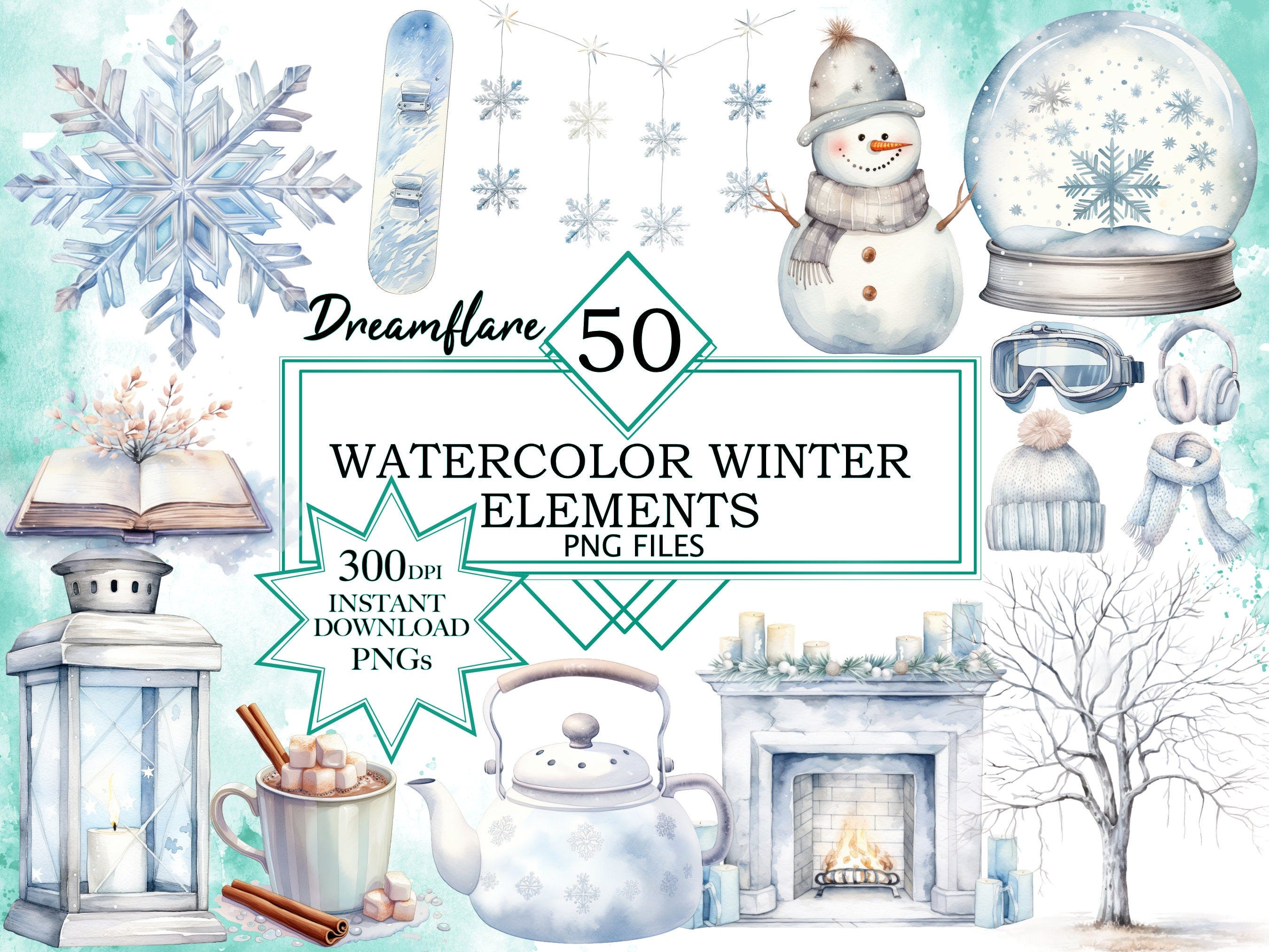 50 Watercolor Winter Elements Clipart, Winter Season PNG, Snow Winter Clipart, White Christmas Clipart, Cozy Winter Clipart, Commercial Use