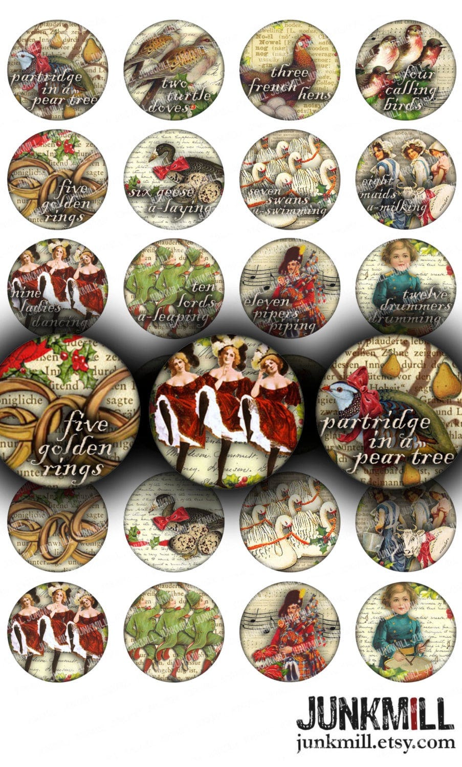 12 DAYS OF CHRISTMAS - Digital Printable Collage Sheet - Vintage Twelve Days of Christmas, Holiday Carol, 1" Circle, 25 mm Round