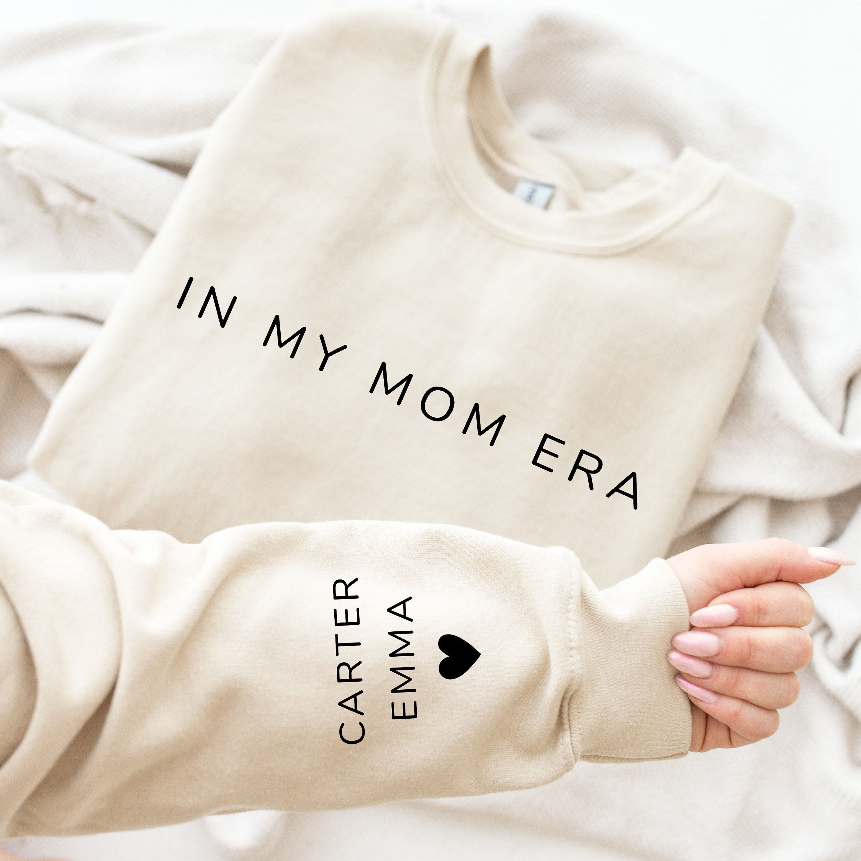 In My Mom Era With Kid Name On Sleeve Sweatshirt or Hoodie, Mama Shirt, Gift For Mommy, Mother