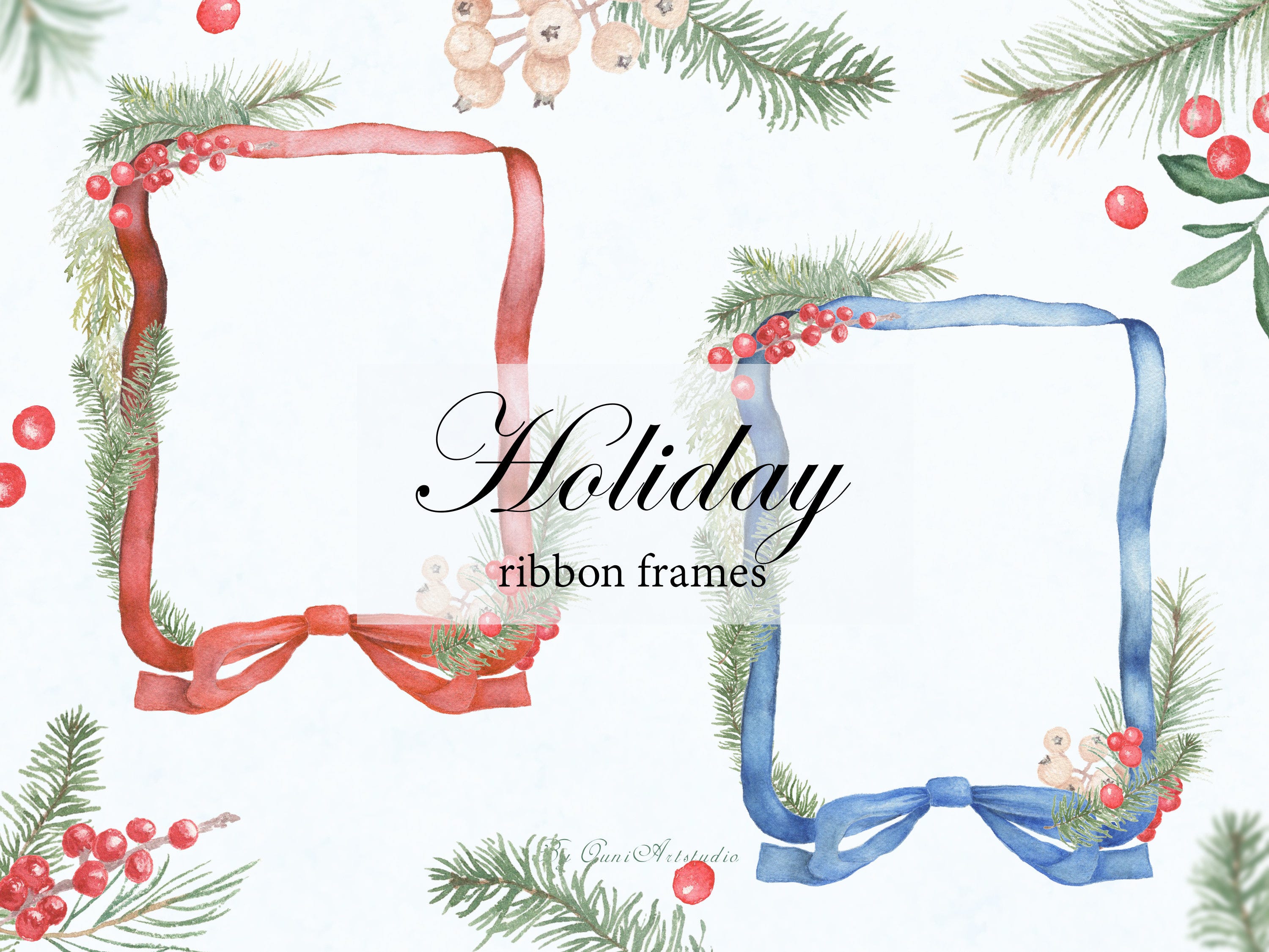 Watercolor Winter Frame Clipart, Christmas Frame Clipart, Christmas Greenery Clipart, Watercolor Ribbon Frame Clipart, Evergreens Clipart