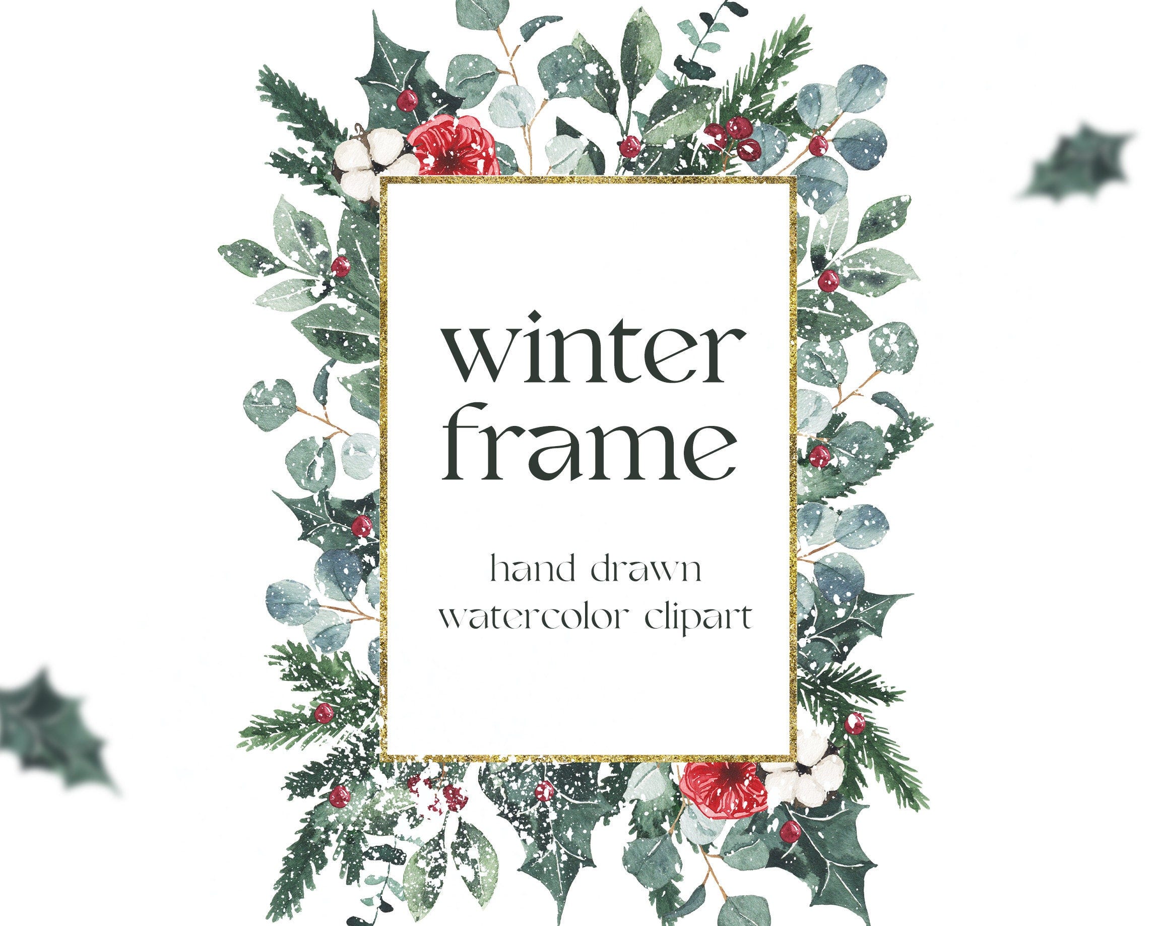 Watercolor winter floral frame clipart, Christmas frame clipart, borders clipart, gold frame, Winter greenery clipart, floral leaf frame