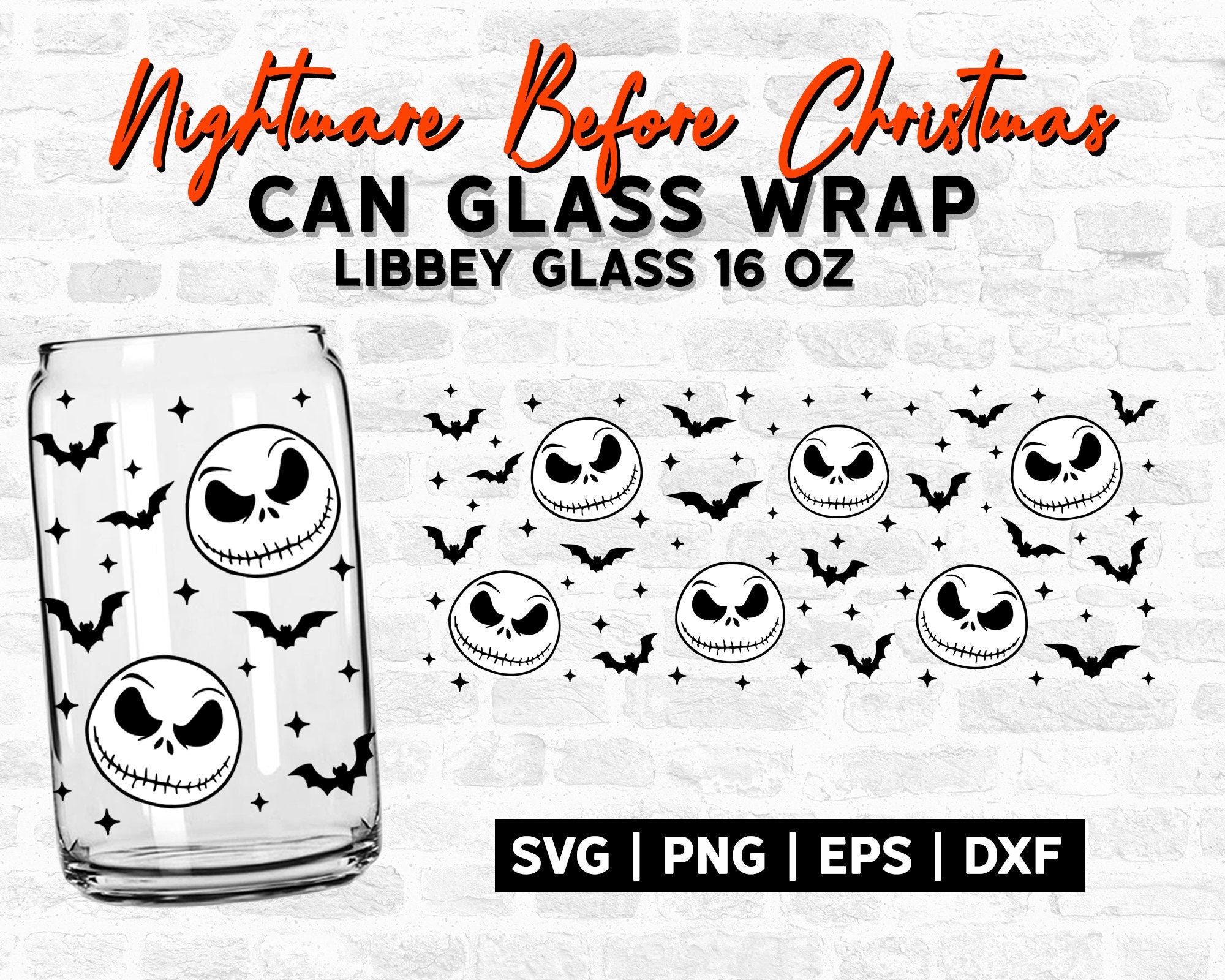 Nightmare Before Christmas Svg, Jack Skellington Svg for Libbey Glass 16 Oz, Skull Coffee Libbey Glass Svg, Seamless Jack and Bats Full Wrap