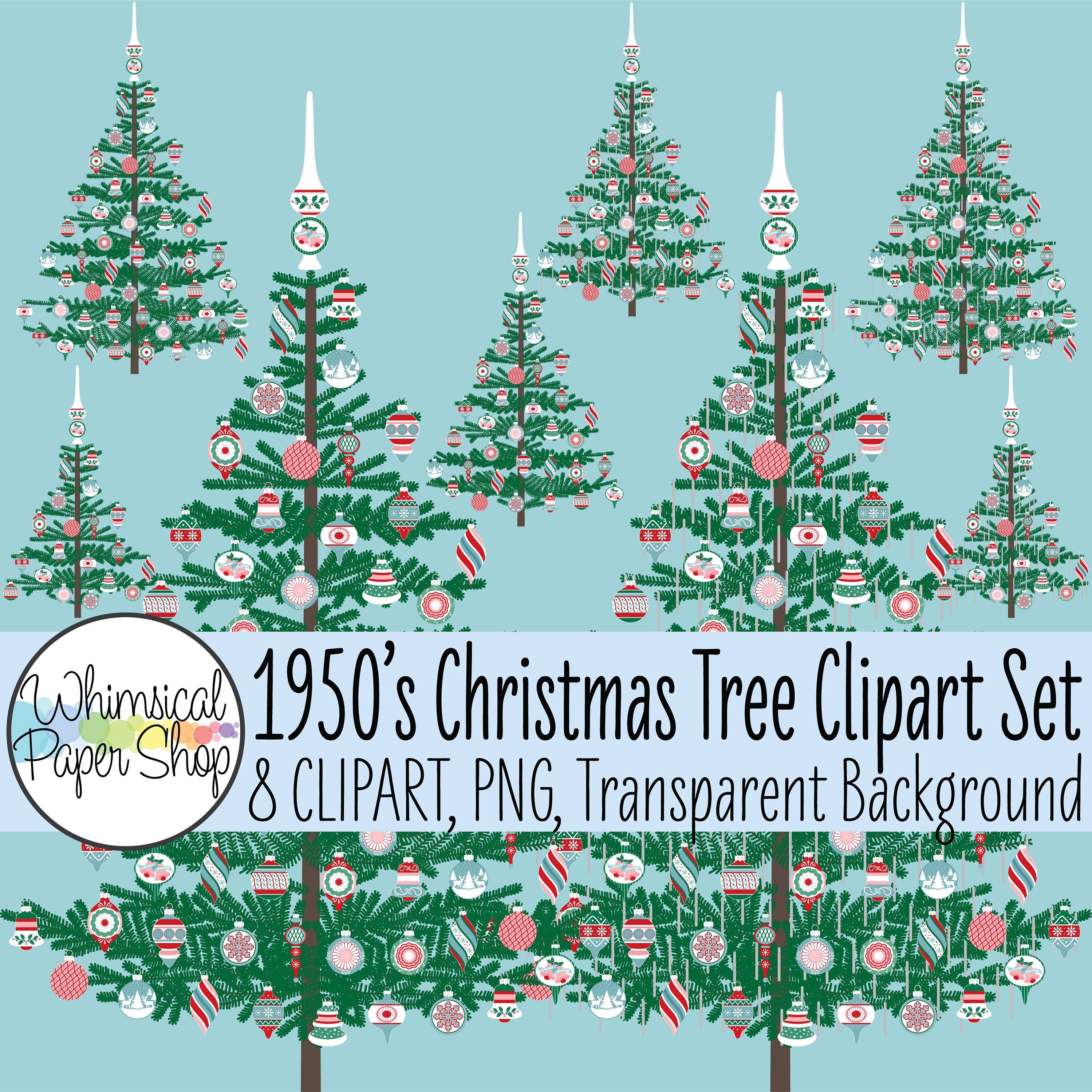 Christmas Tree PNG Clipart Set, retro Christmas png, retro Christmas clipart, vintage Christmas png, 1950s Christmas clipart, snowy tree png