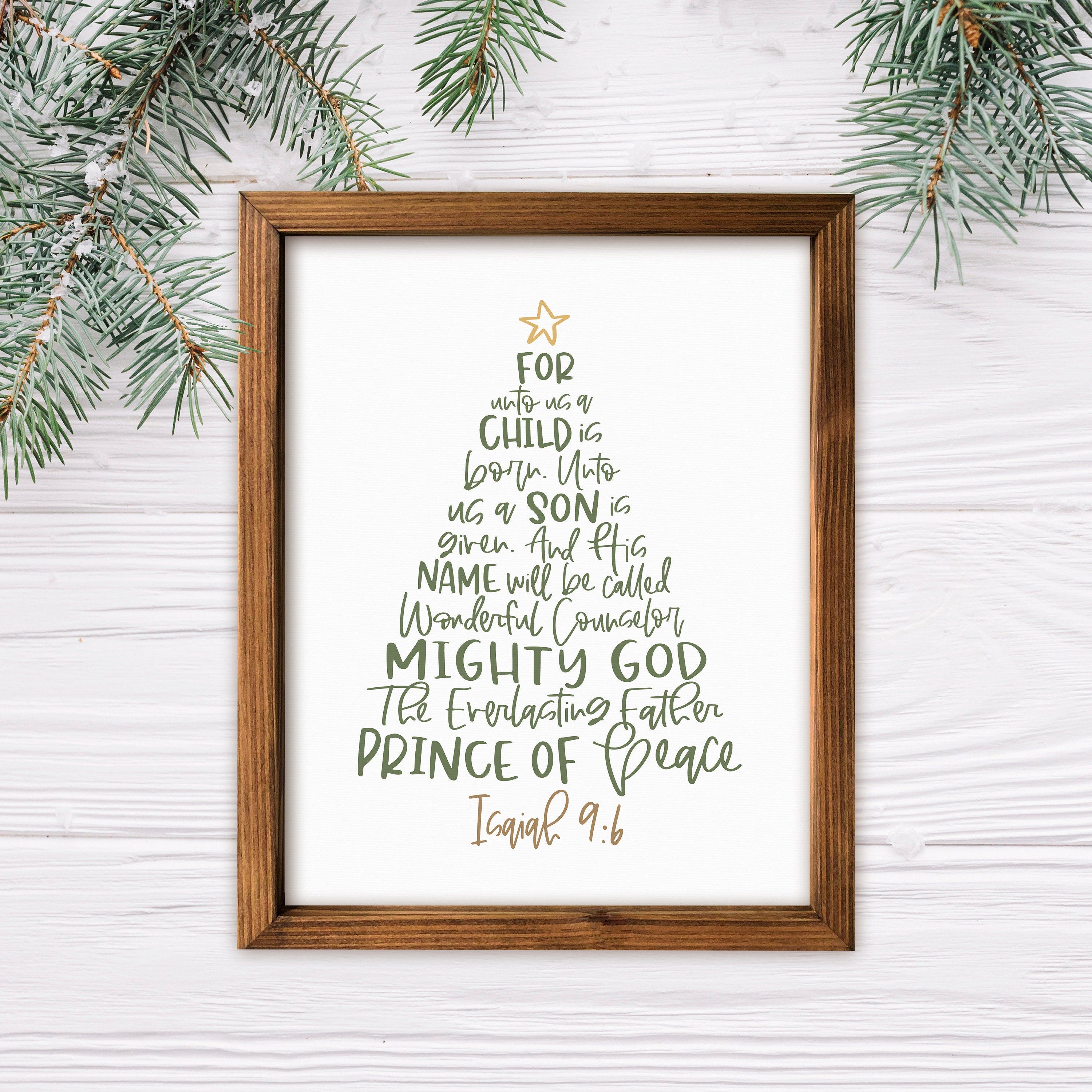 For Unto Us A Child Is Born Wood Framed Canvas Sign, Christmas Tree Scripture Word Art Decor, Names Of Jesus, Isaiah 9:6, Christian Decor