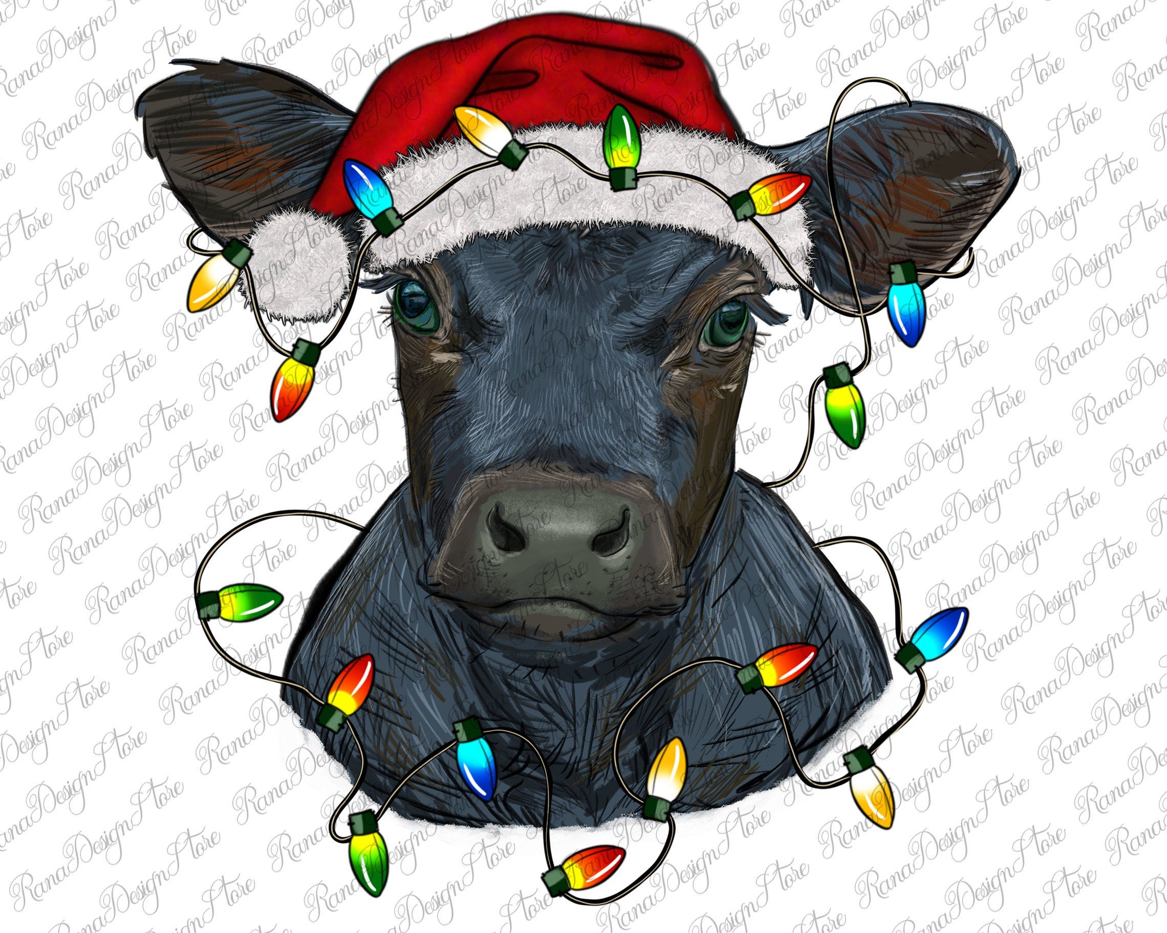 Black Angus Calf with Christmas Lights and Santa Hat Png Sublimation Design, Black Angus Calf Png, Christmas Calf, Santa Calf Png Downloads