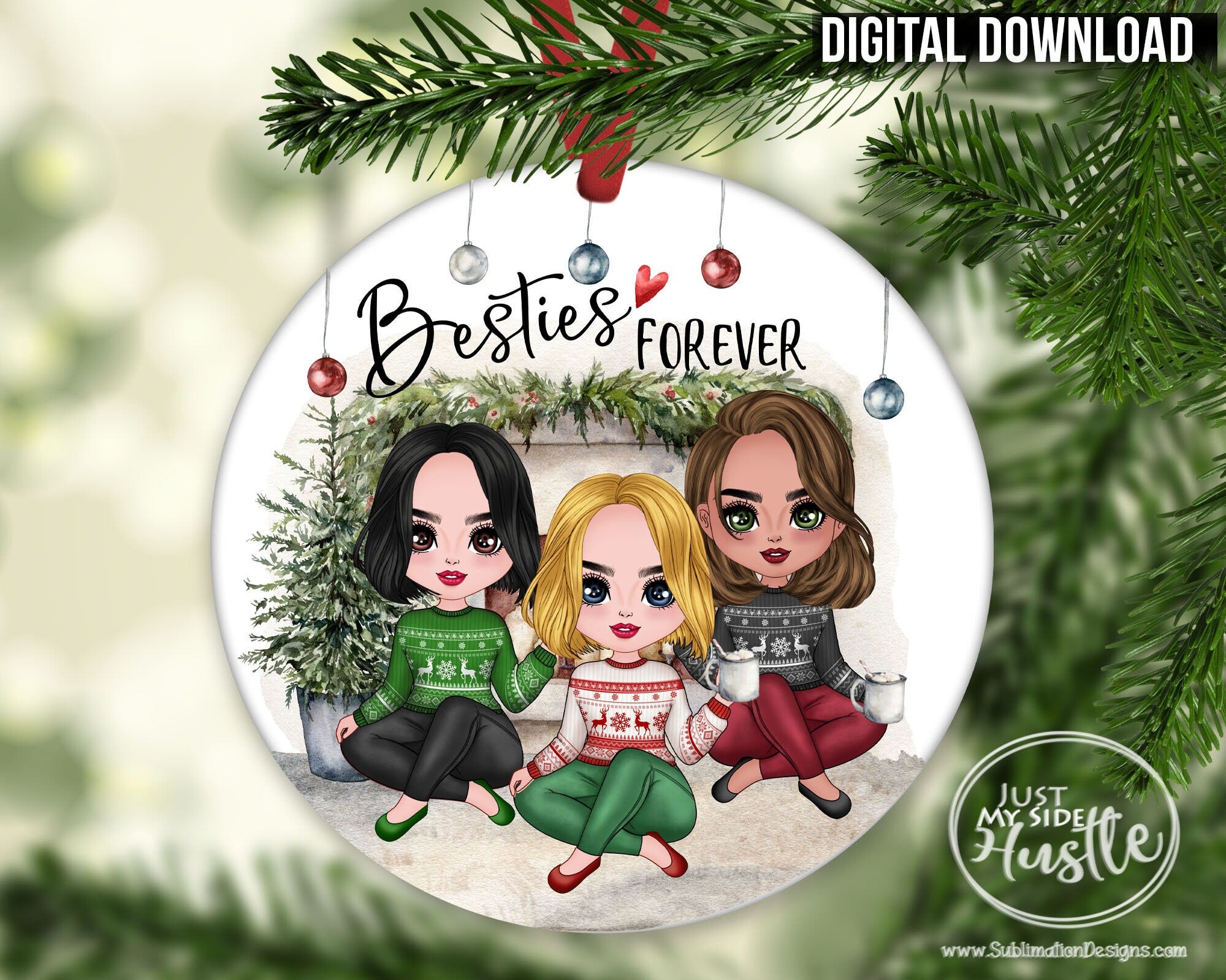 Christmas 3 Besties Forever Round Ornament Sublimation Designs Template-Best Friends For life Earring Template Digital Download