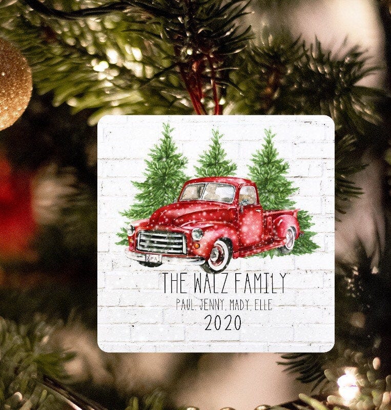 Red Truck and Tree Square Ornament, Ornament Designs, Christmas Sublimation, Christmas png, Red Christmas truck, Old Truck Ornaments