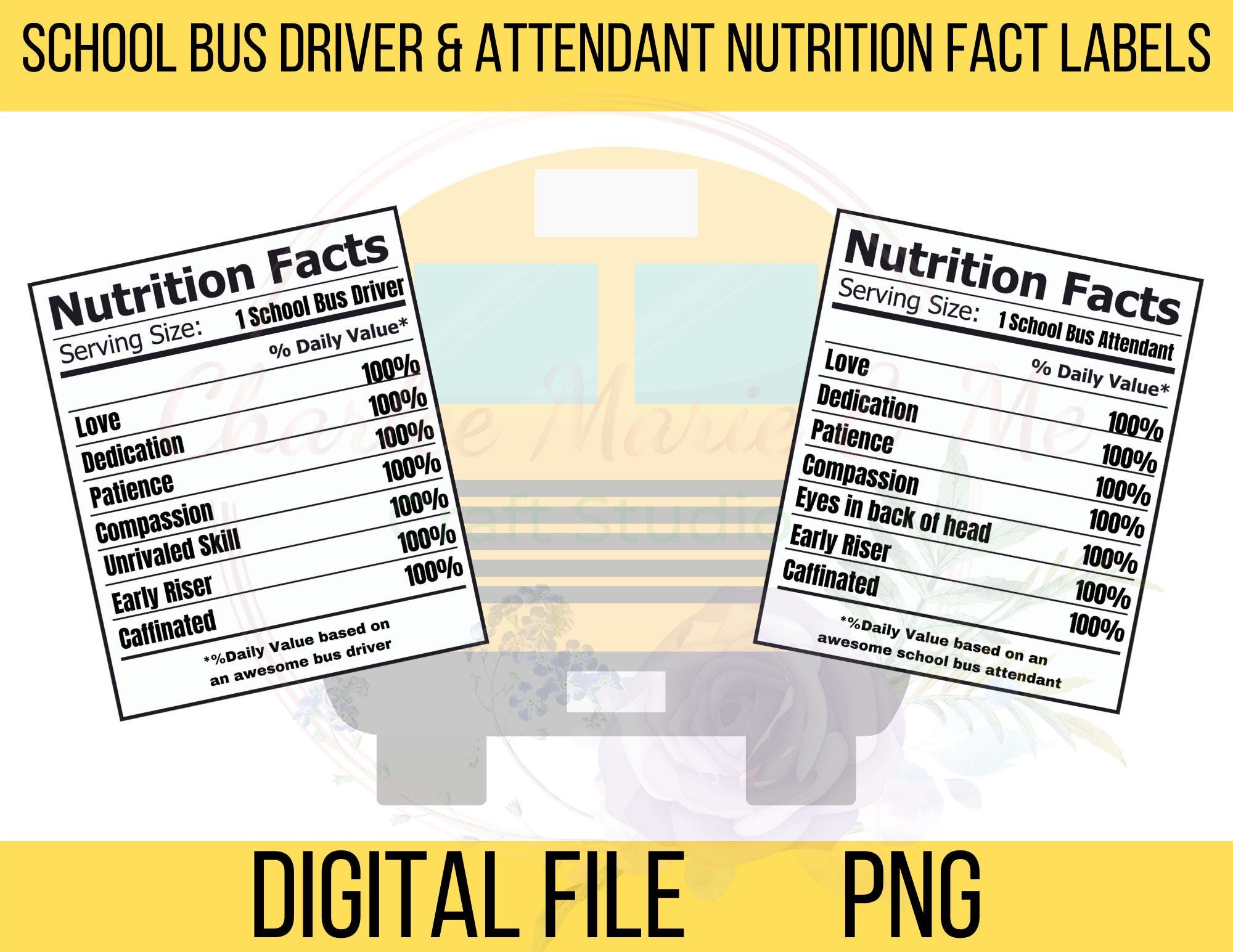 Bus Driver Nutrition Facts PNG, Bus Attendant Nutrition Facts PNG, Bus Aide Nutrition Facts, Bus Monitor PNG, Nutrition Facts, School Bus