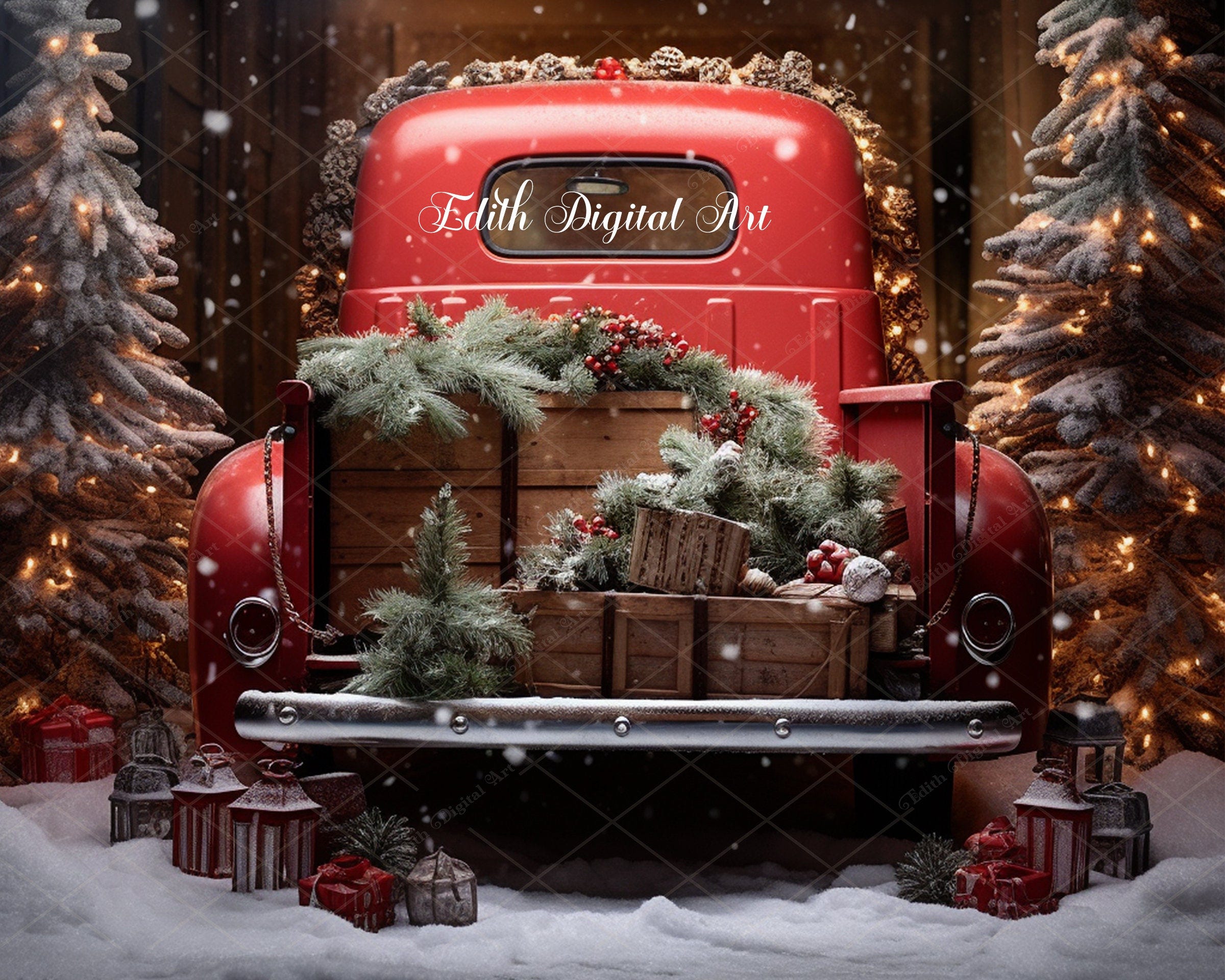 Christmas Red Truck Backdrop Digital Background Photography Composite for Christmas Outdoor Portrait of Family, Kids, Pets, Vintage Overlay.