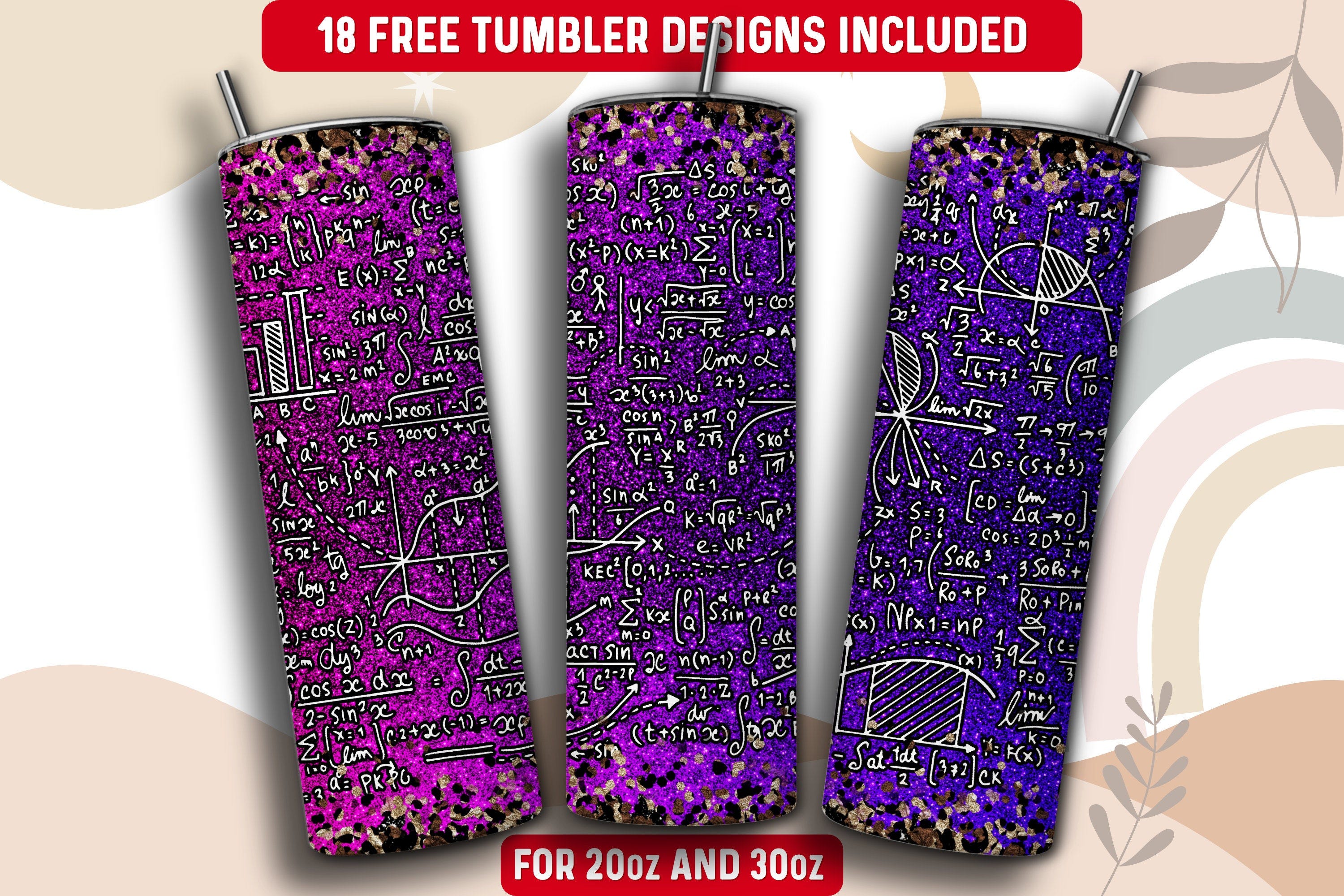 Math Tumbler Wrap PNG, Math Teacher 20 oz Skinny Tumbler Sublimation Design, Instant Download (+101 free Designs)