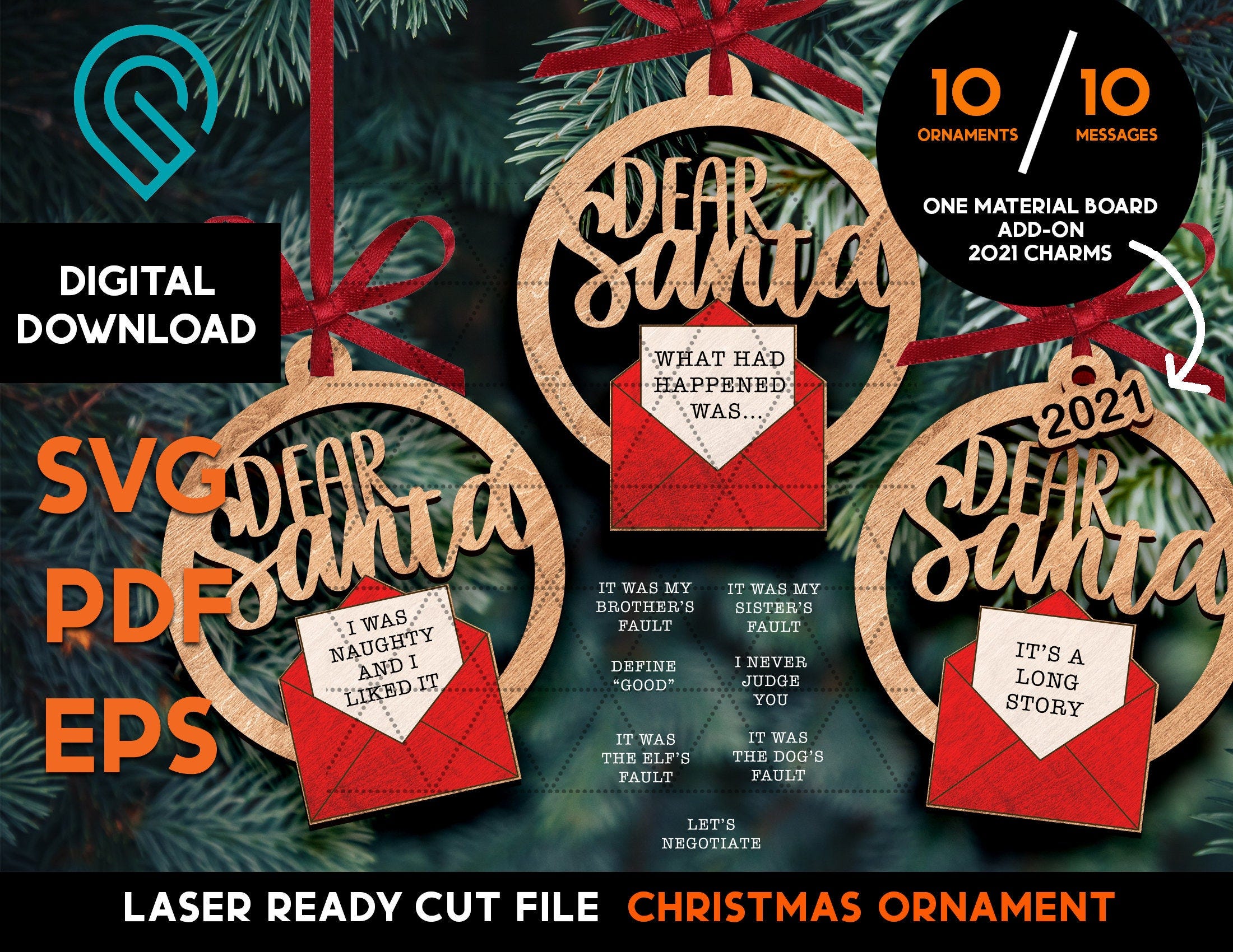 Dear Santa Funny Christmas Ornament Laser SVG Cut File – Glowforge Ready – Cut and Score – Naughty, Sarcasm