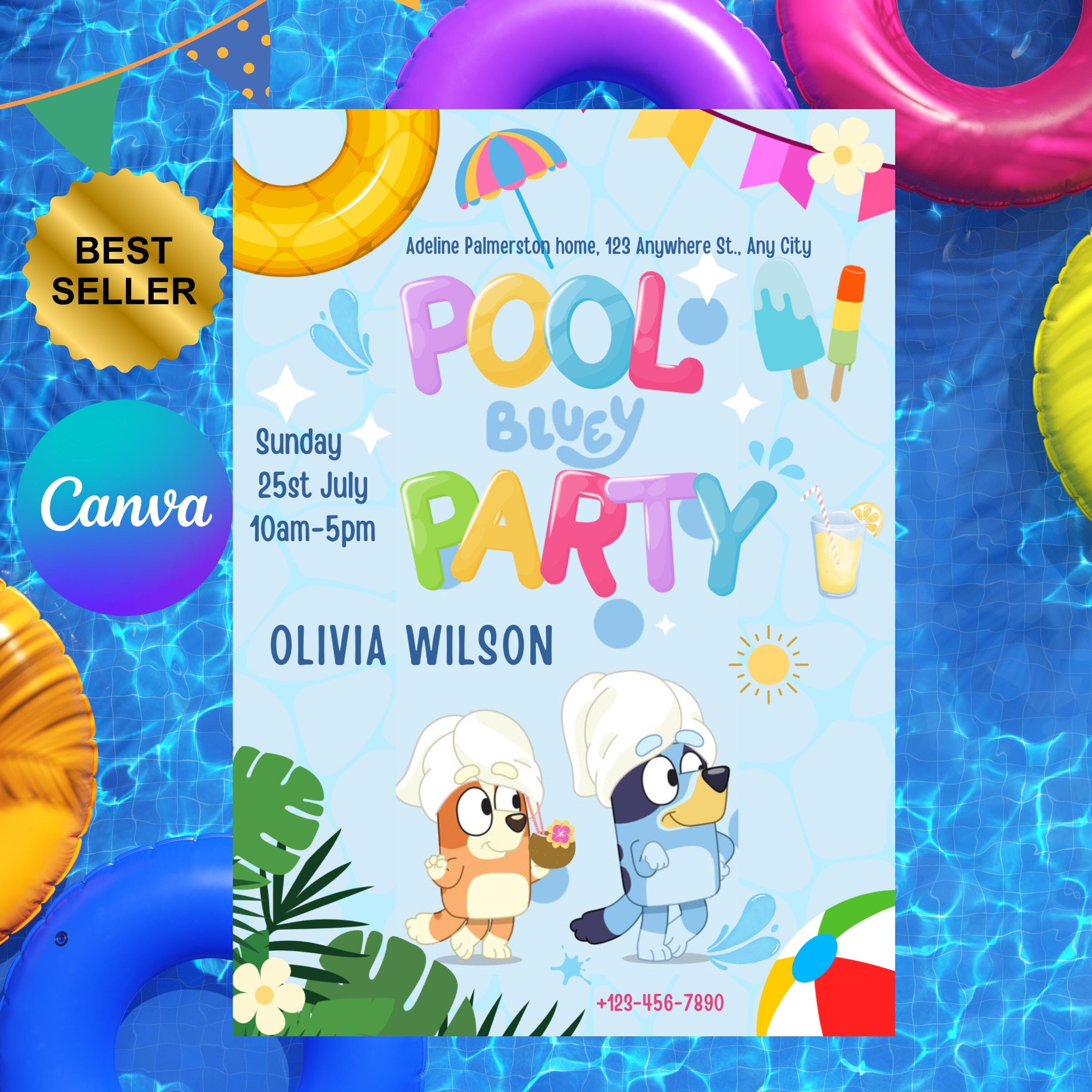 Pool Party Invitation bluey Kids Birthday Invite Bluey & Friends Summer Pool Party Digital Template Bluey pool party Bluey and Bingo Canva