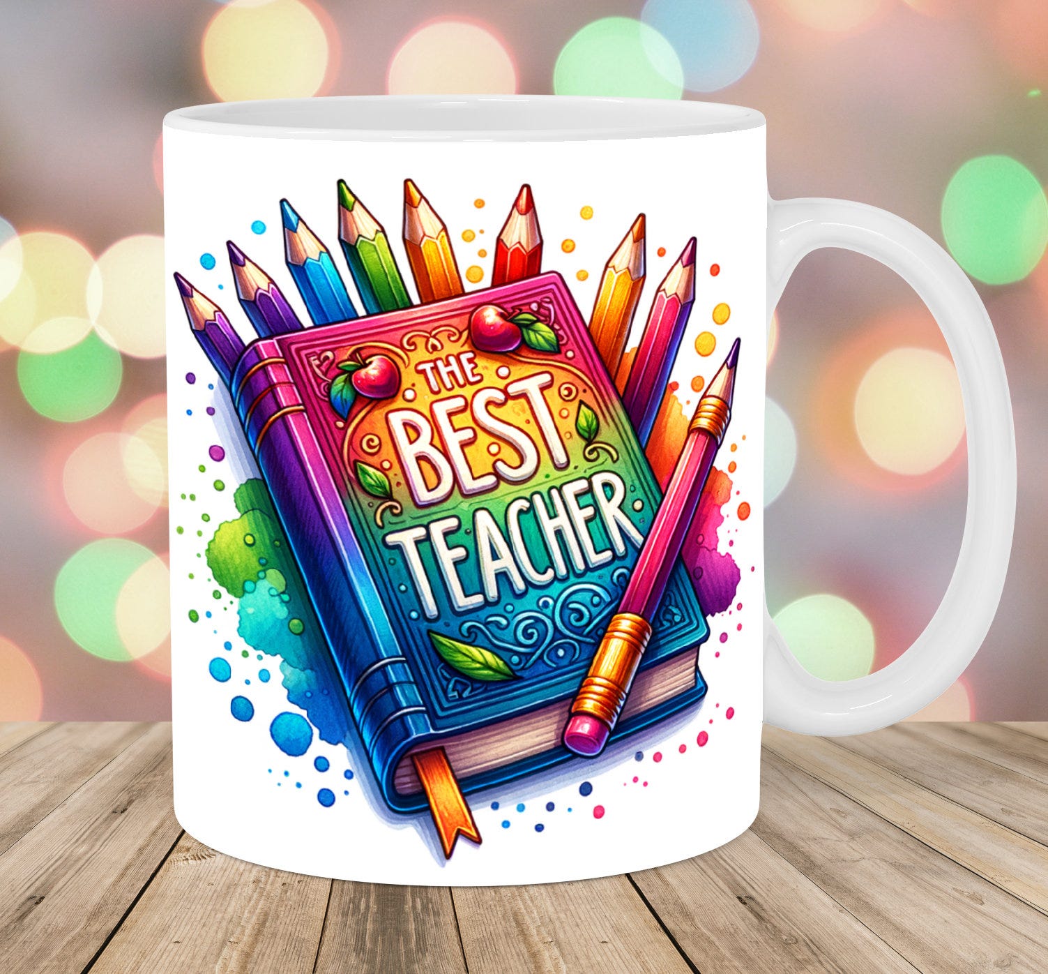 The Best Teacher Mug Wrap, 11oz & 15oz Mug Template, Mug Sublimation Design, Colorful Book Mug Wrap Template, Instant Digital Download PNG