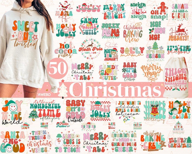 50 Boho Christmas Svg Png Bundle, Retro Christmas Svg, Merry Christmas Svg, Holiday Svg, Christmas Shirt Svg, Winter Svg, Christmas Tree Svg