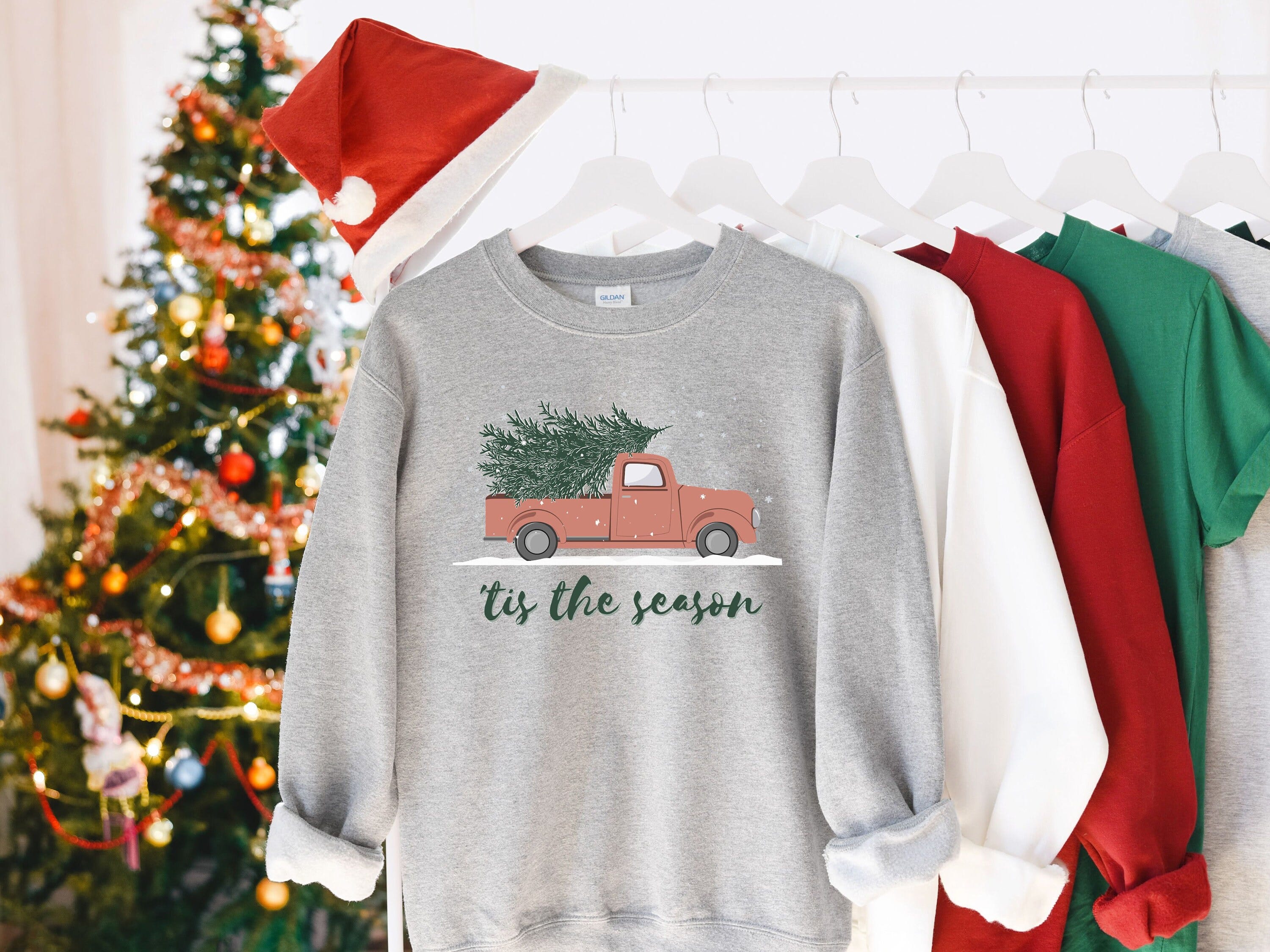 Vintage Red Truck Christmas Sweatshirt, Truck and Christmas Tree Crewneck Sweatshirt, Cute Tis The Season Holiday Sweater Pullover Gift