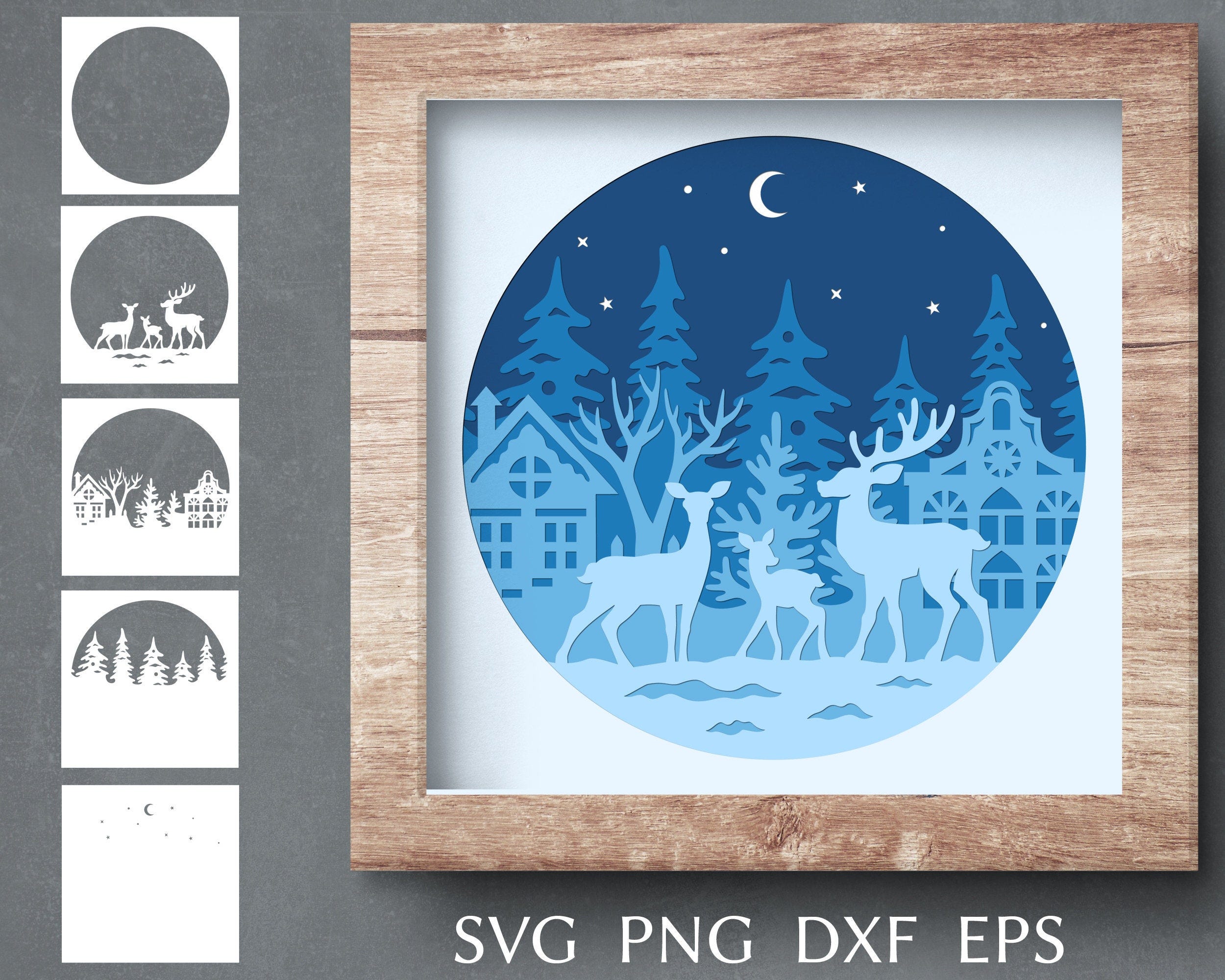 Christmas shadow box svg cut file, 3d papercut svg template, layered shadow box with reindeer, winter forest and christmas village.