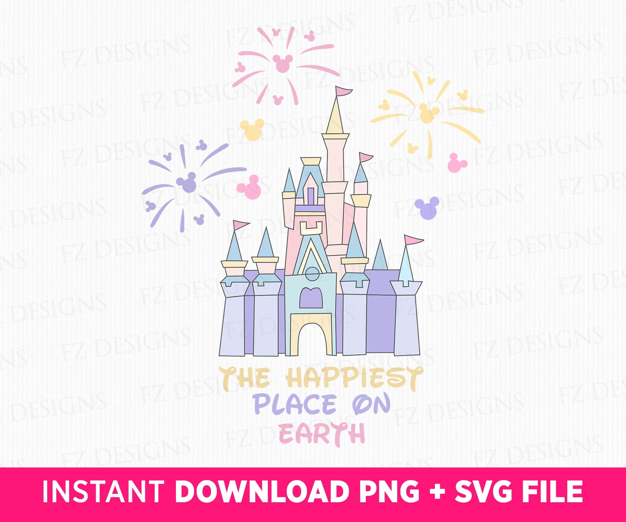 The Happiest Place On Earth Svg, Soft Color Castle Clipart Svg, Family Vacation 2023, Mouse Ears, Magical Kingdom, Png File For Sublimation