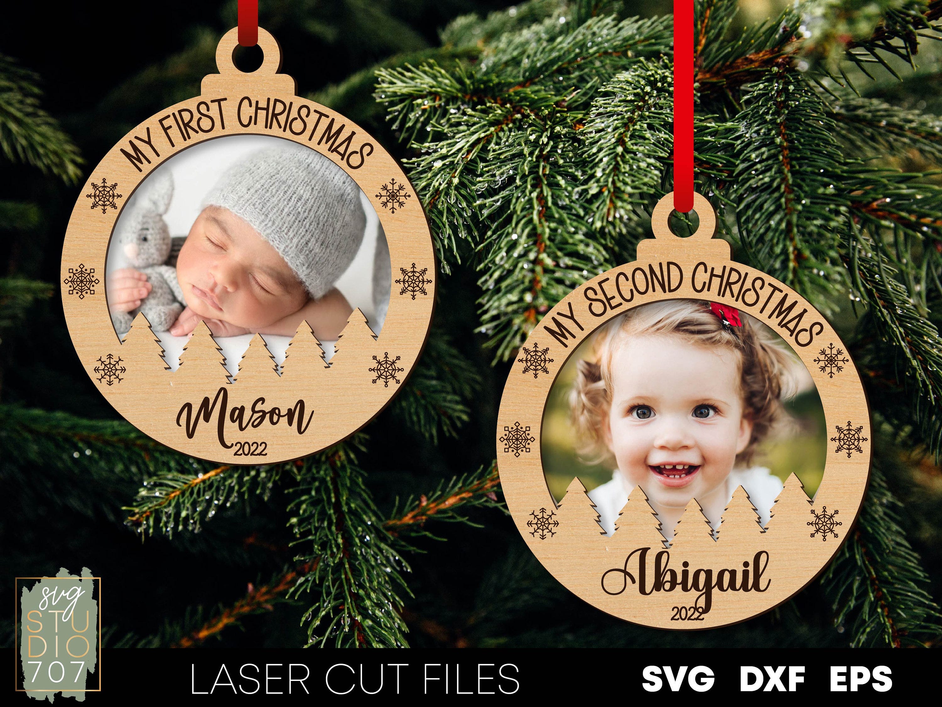 Baby First Christmas ornaments svg Baby photo ornament laser cut files Babys 1st christmas Second christmas svg Personalized glowforge files