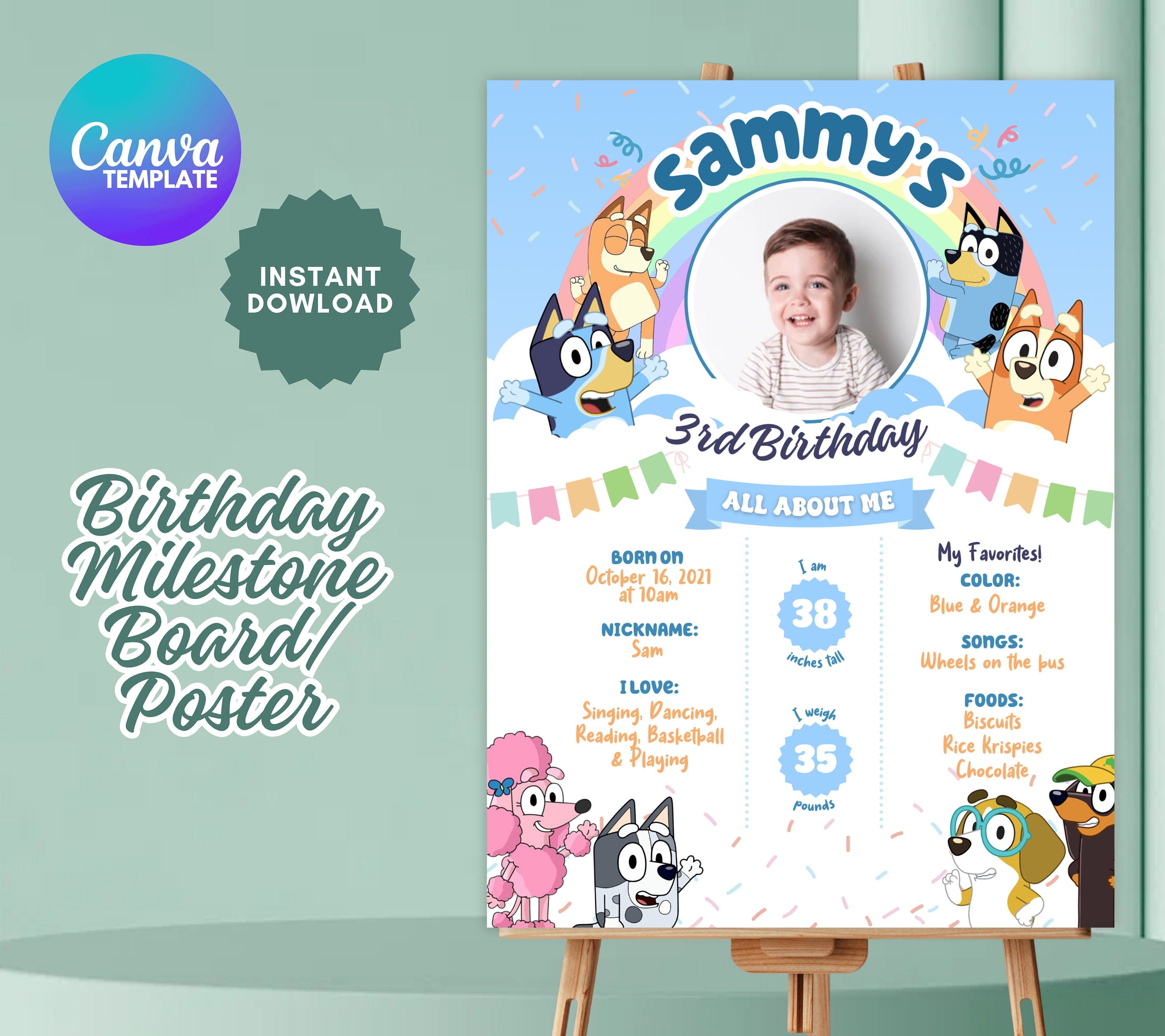 Editable Bluey Milestone Poster, Milestone Banner, Birthday Welcome Signage, Bluey Party Decor, Bluey Milest9ne Board, Canva Template